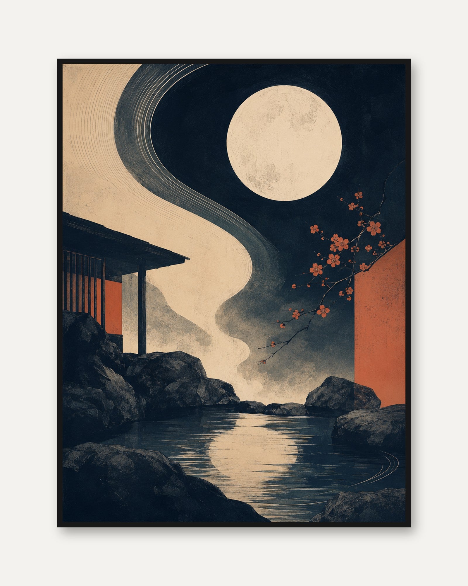 Japanese Wall Art – Moon and Cherry Blossom Print - framed