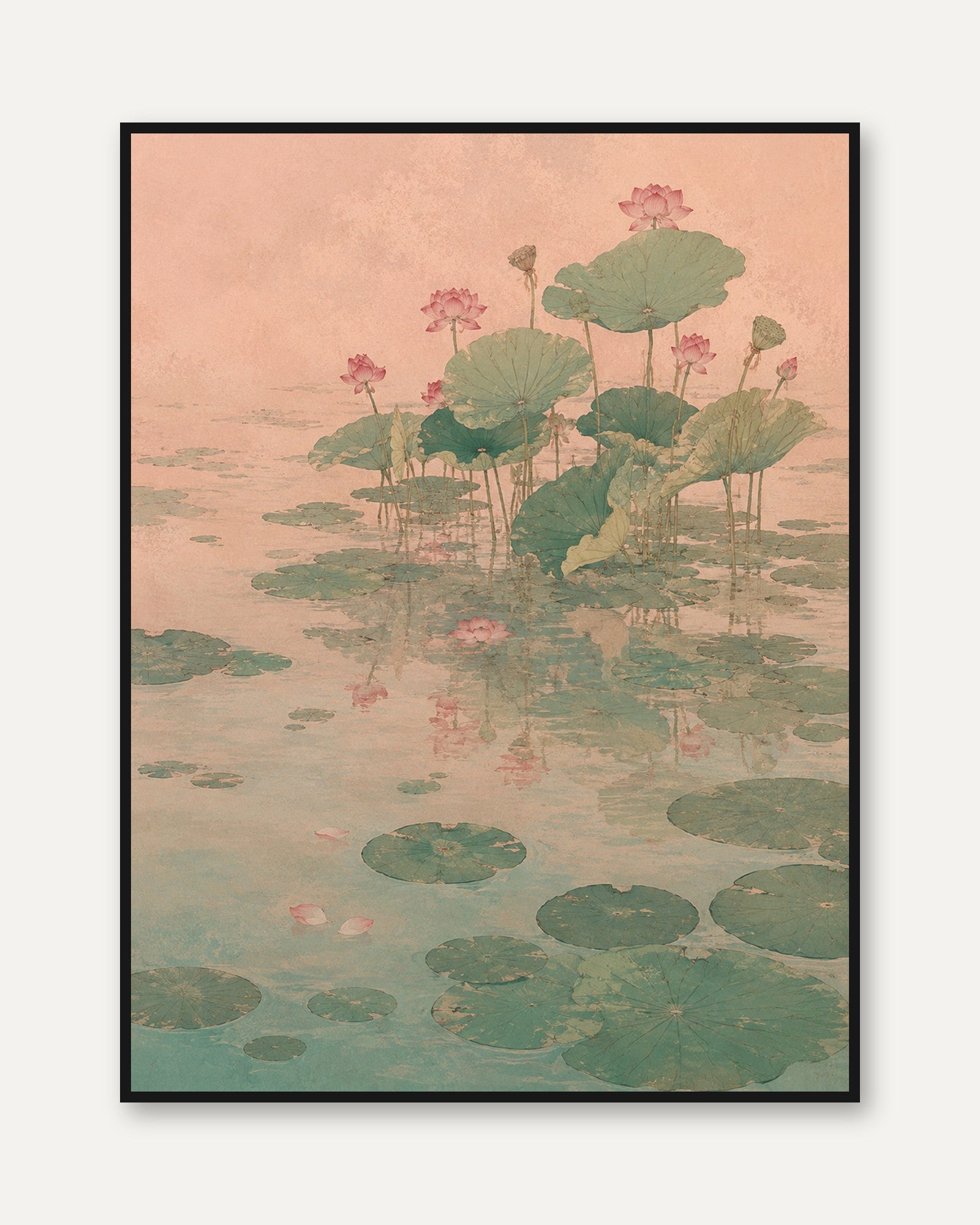 Lotus Pond Art Print: Vintage Asian Botanical Watercolor - framed