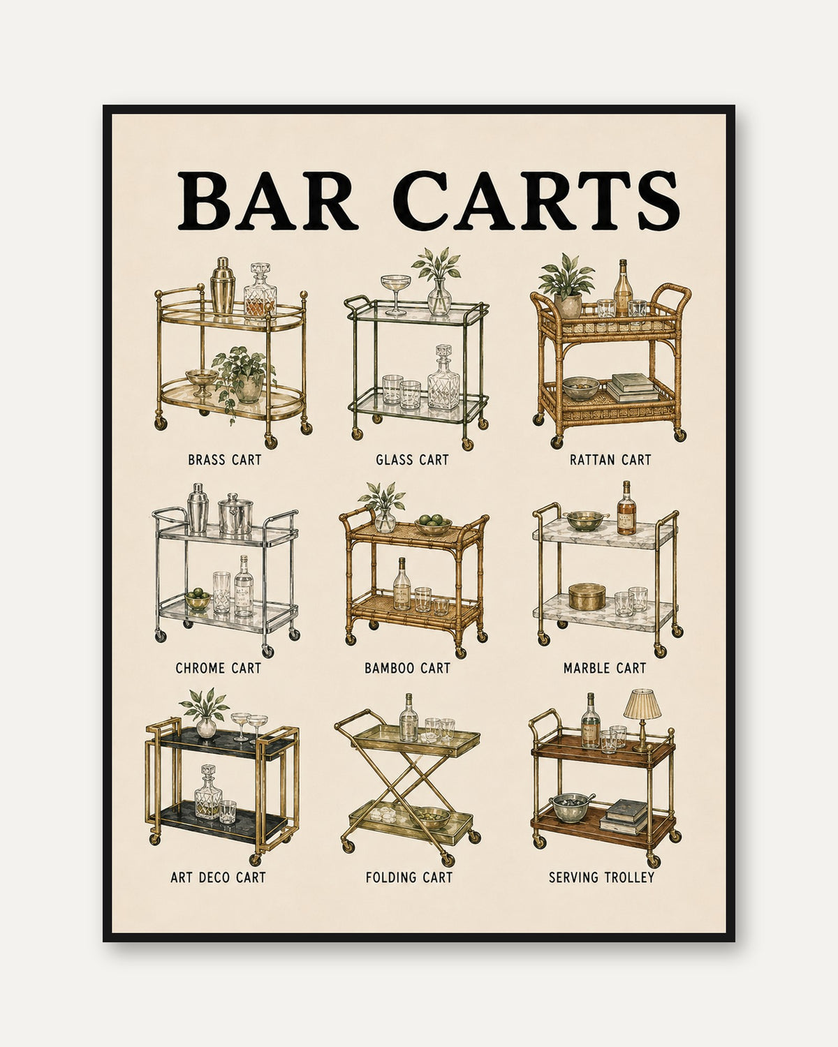 Bar Carts Collection Poster: Vintage Home Decor Reference Art - framed