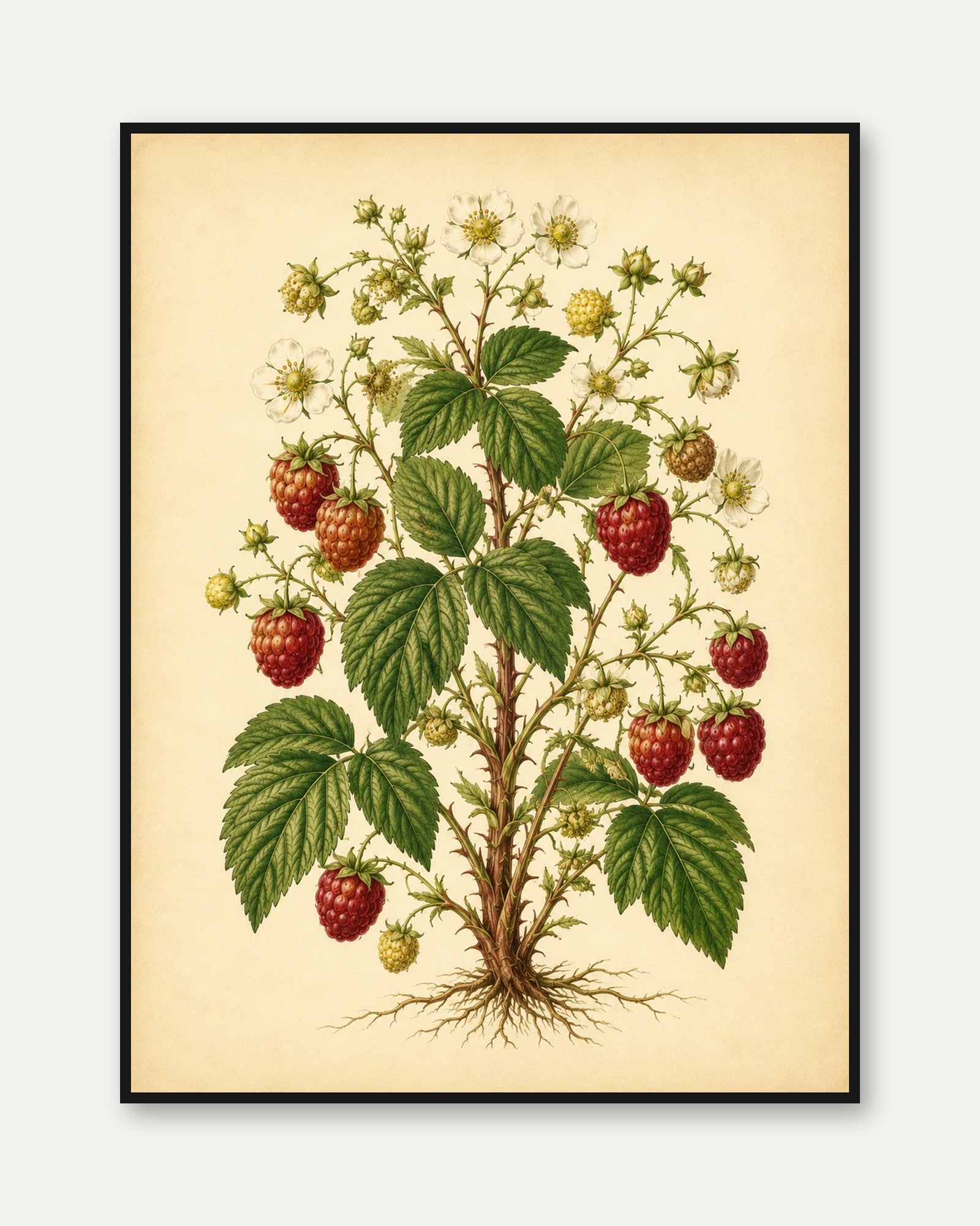 Vintage Botanical Raspberry Print — Antique Fruit Illustration - framed