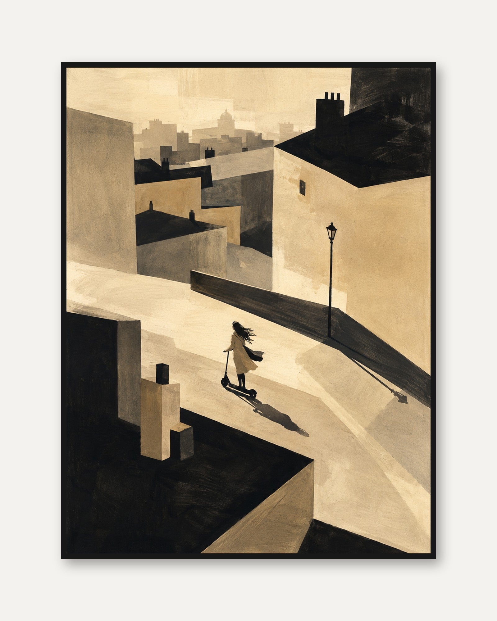 Urban Scooter Rider Print: Geometric Modernist Cityscape Art - framed