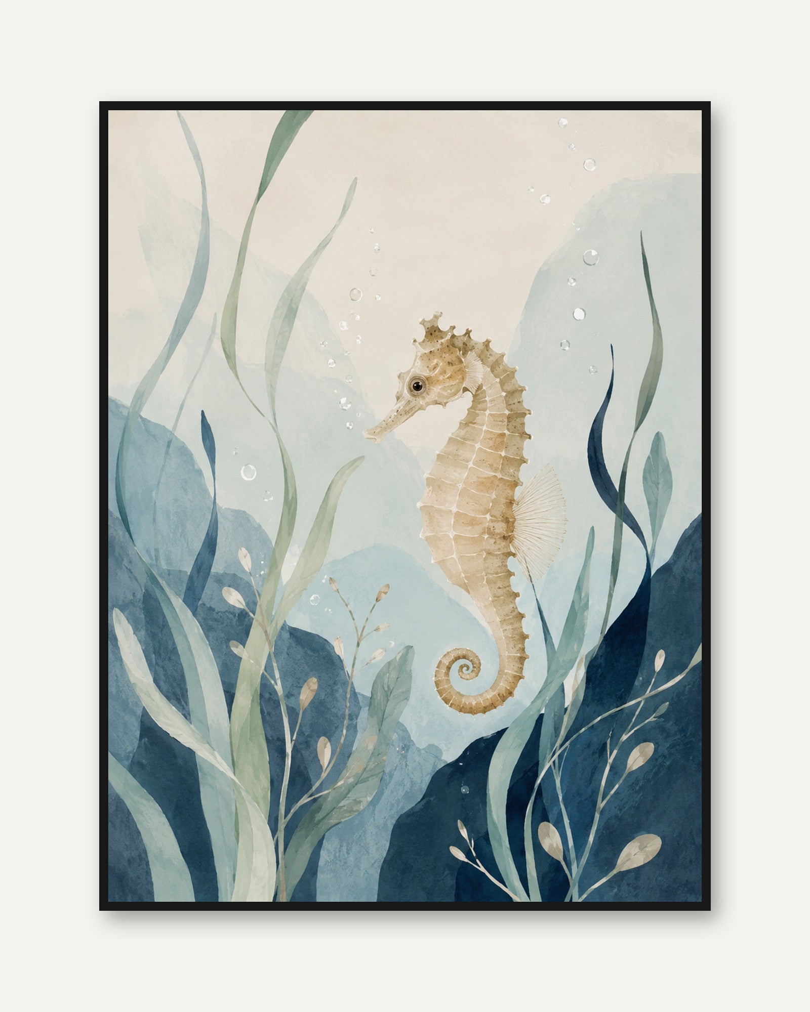 Seahorse Wall Art – Coastal Nursery Print - framed