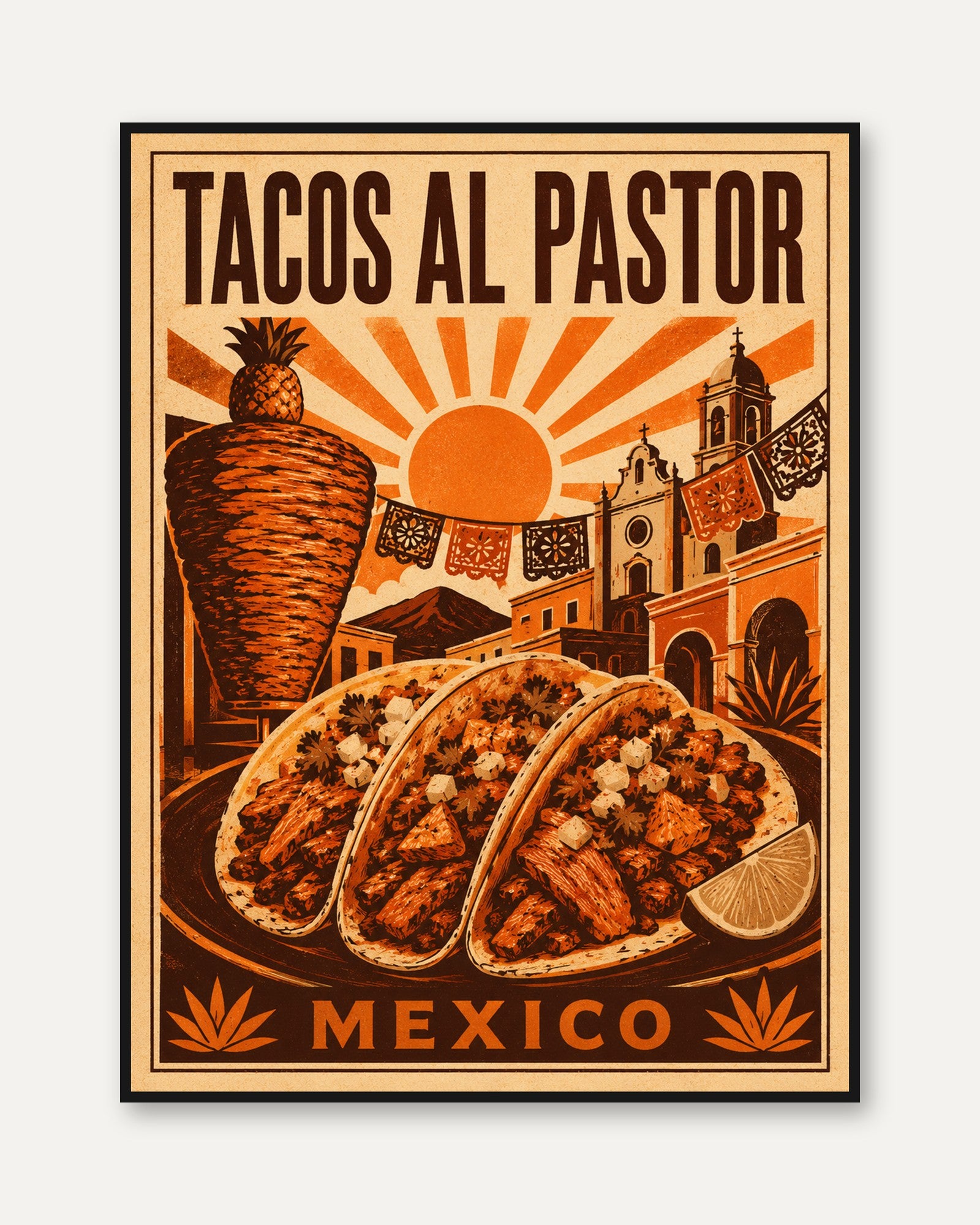 Tacos Al Pastor Print: Retro Mexican Food Poster - framed