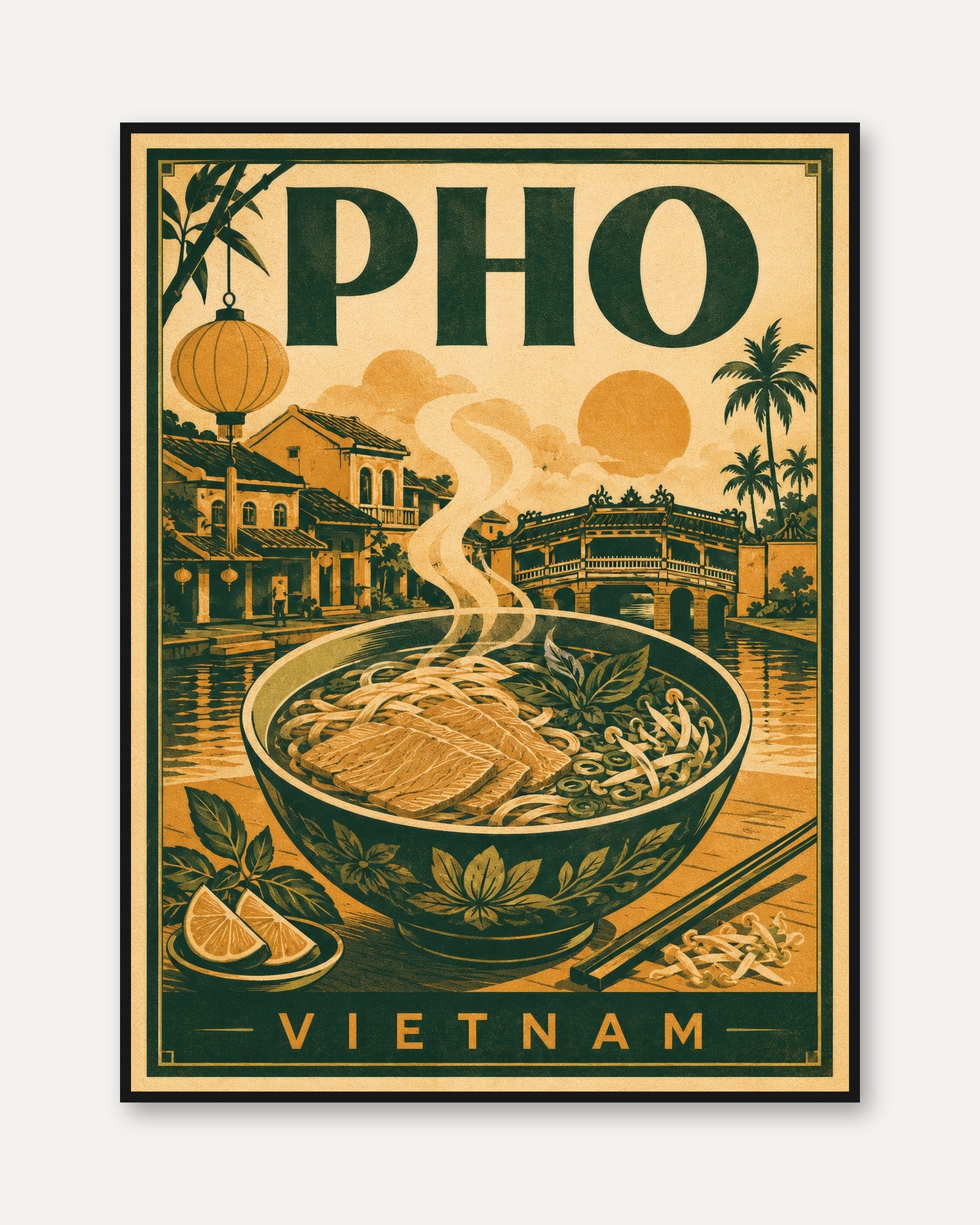 Pho Poster: Vintage Vietnamese Travel Art (Kitchen & Dining Room) - framed
