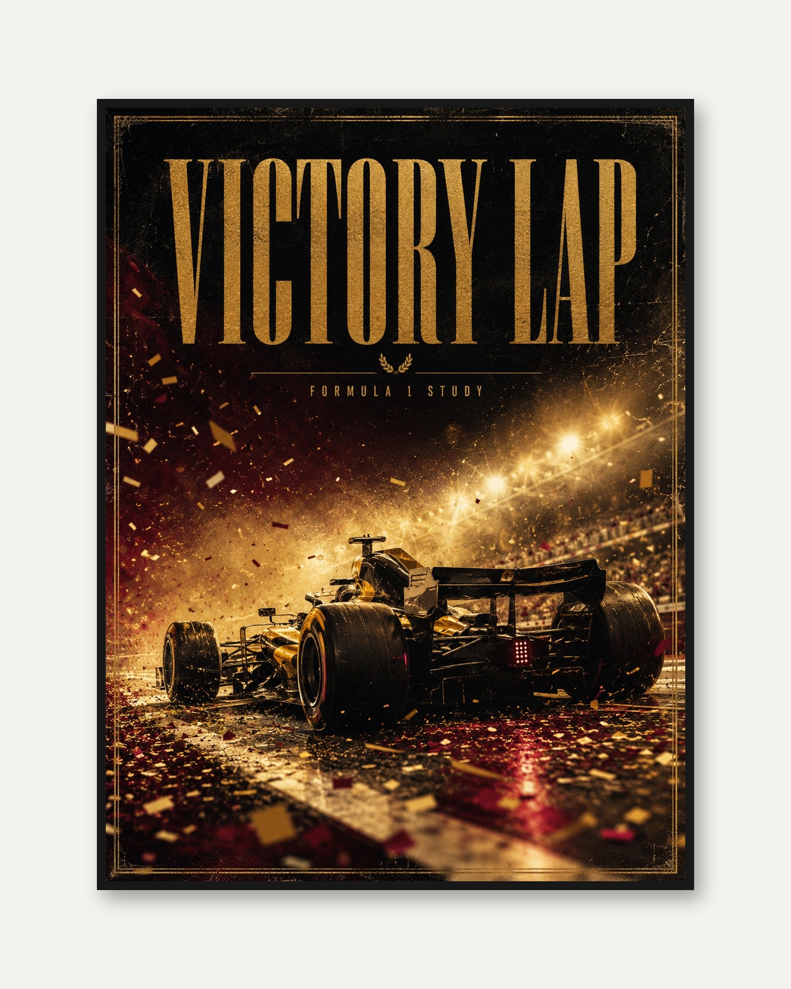 Victory Lap Formula 1 Poster: Gold Confetti Racing Car Art - framed