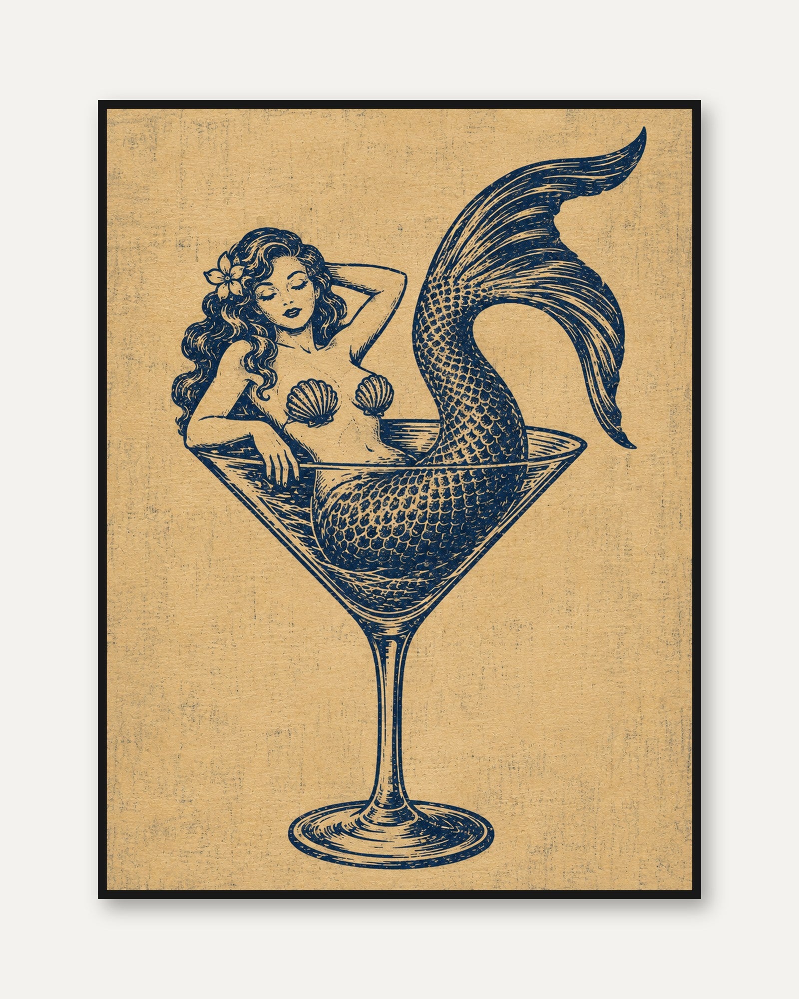 Mermaid Martini Glass Print: Vintage Blue Nautical Wall Art - framed