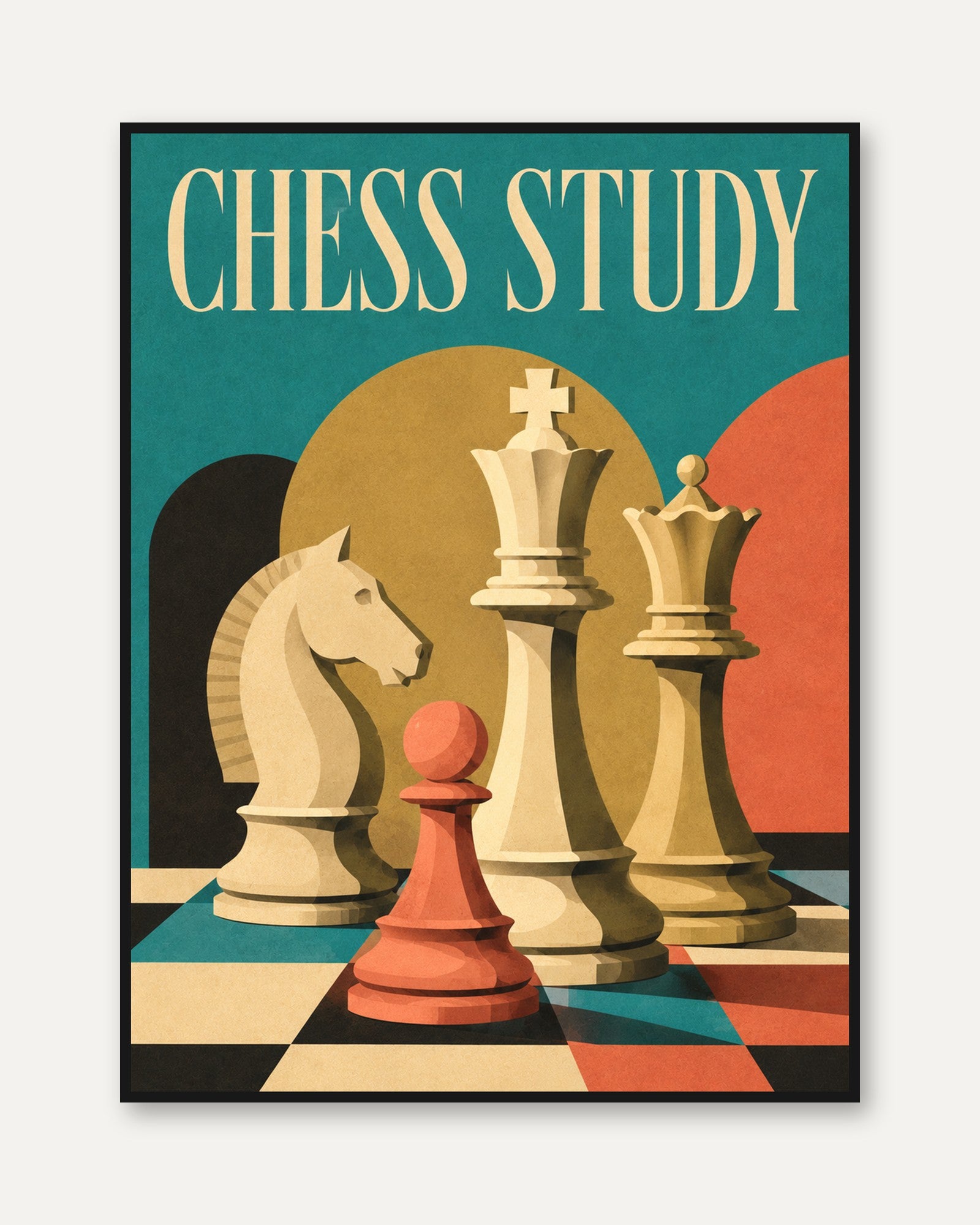 Chess Study Vintage Print — Mid-Century Retro Poster - framed