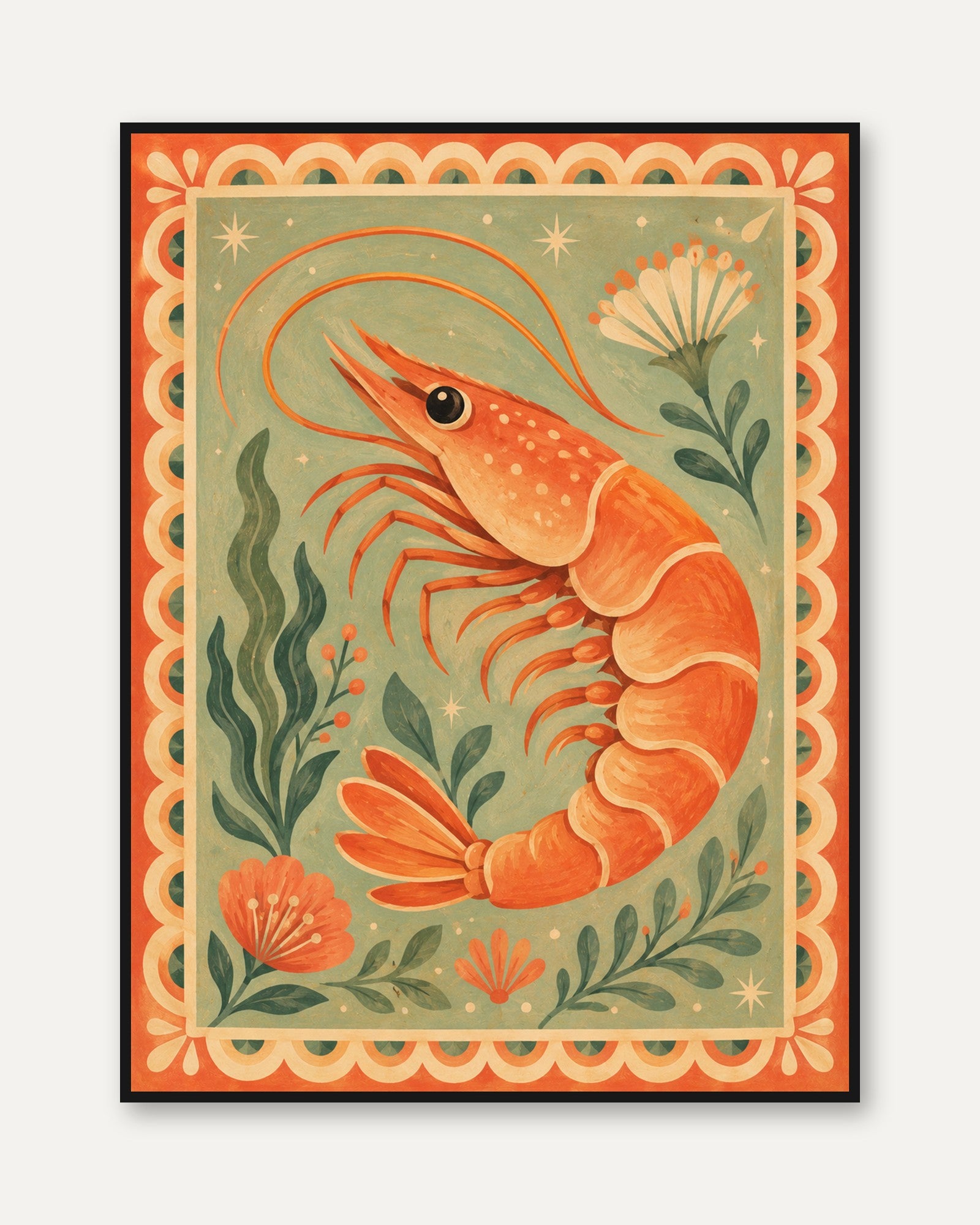 Shrimp Wall Art – Folk Art Kitchen Print - framed