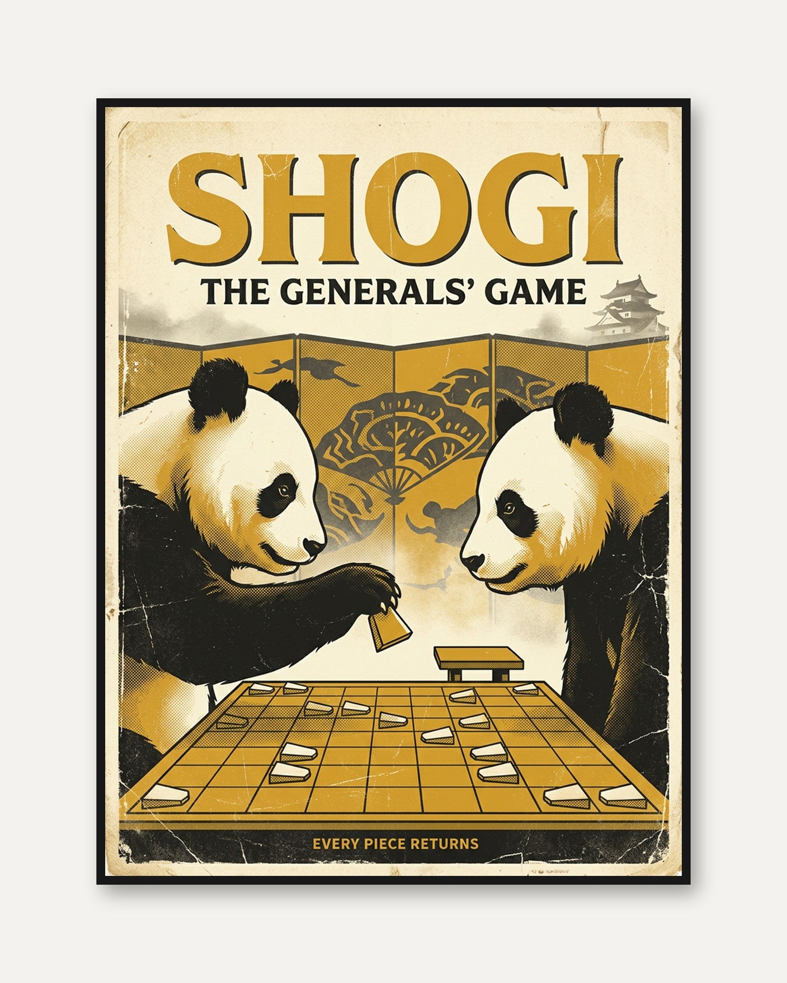 Shogi Pandas Art Print: Vintage Japanese Board Game Poster - framed