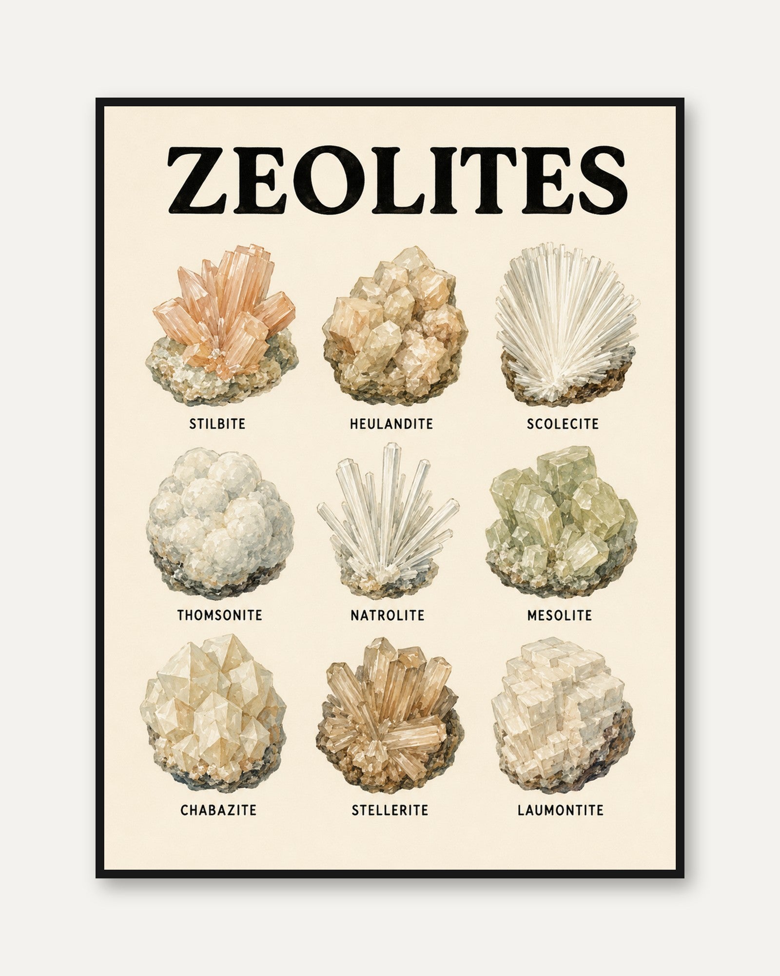 Zeolite Minerals Chart Print: Vintage Natural History Poster - framed