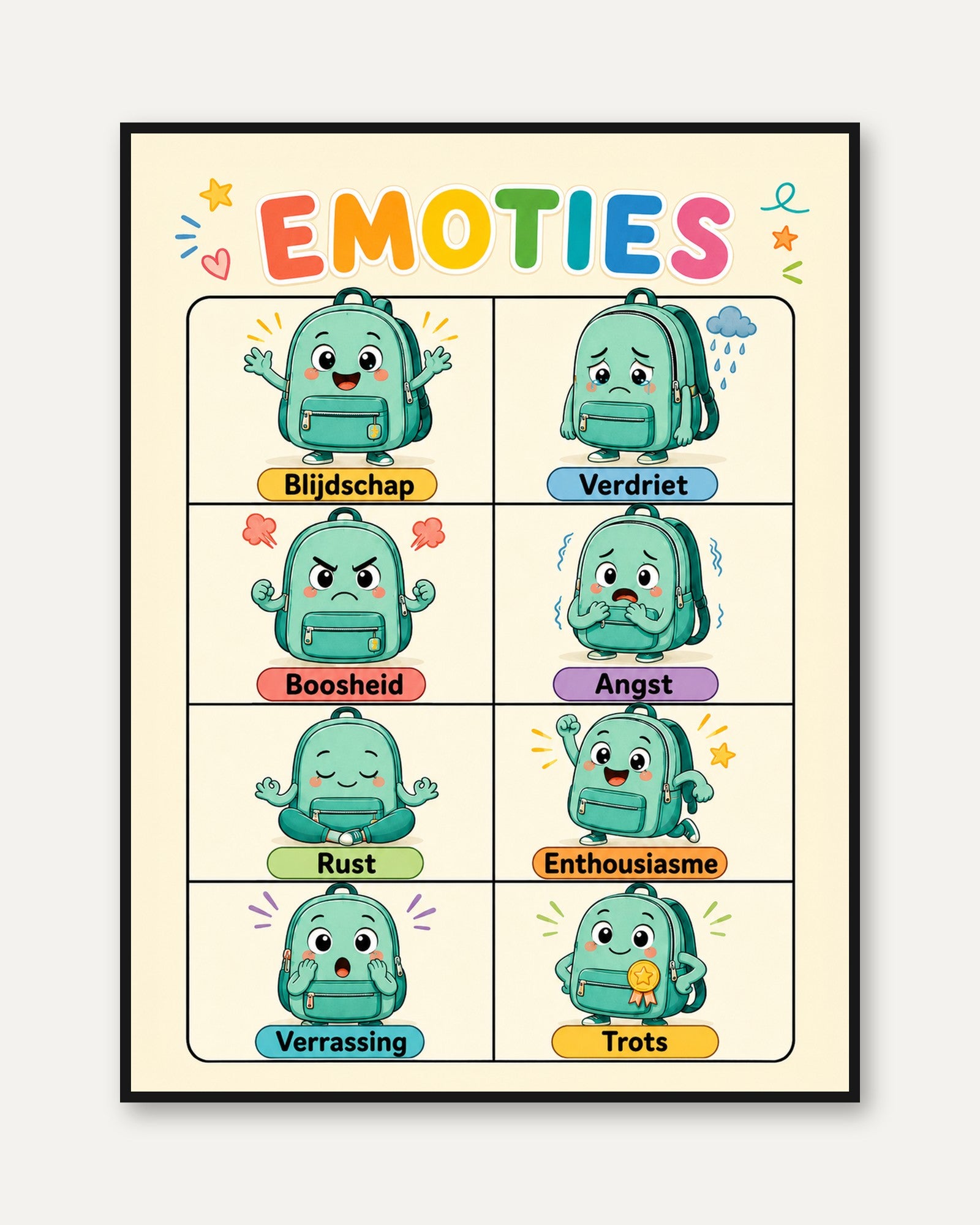 Educational Emotions Poster: Playful Kids Wall Art - framed