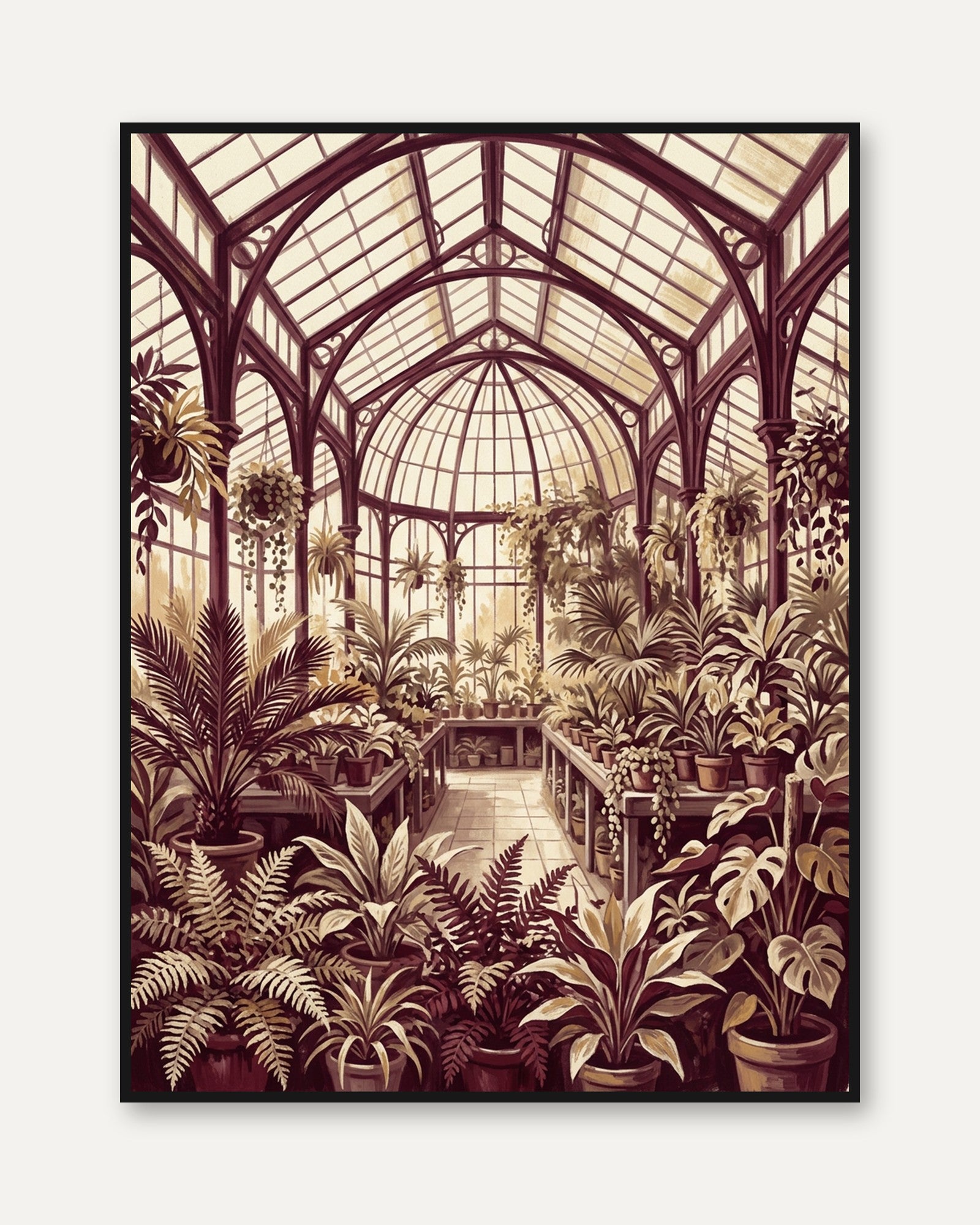 Victorian Conservatory Art Print: Sepia Botanical Architecture - framed