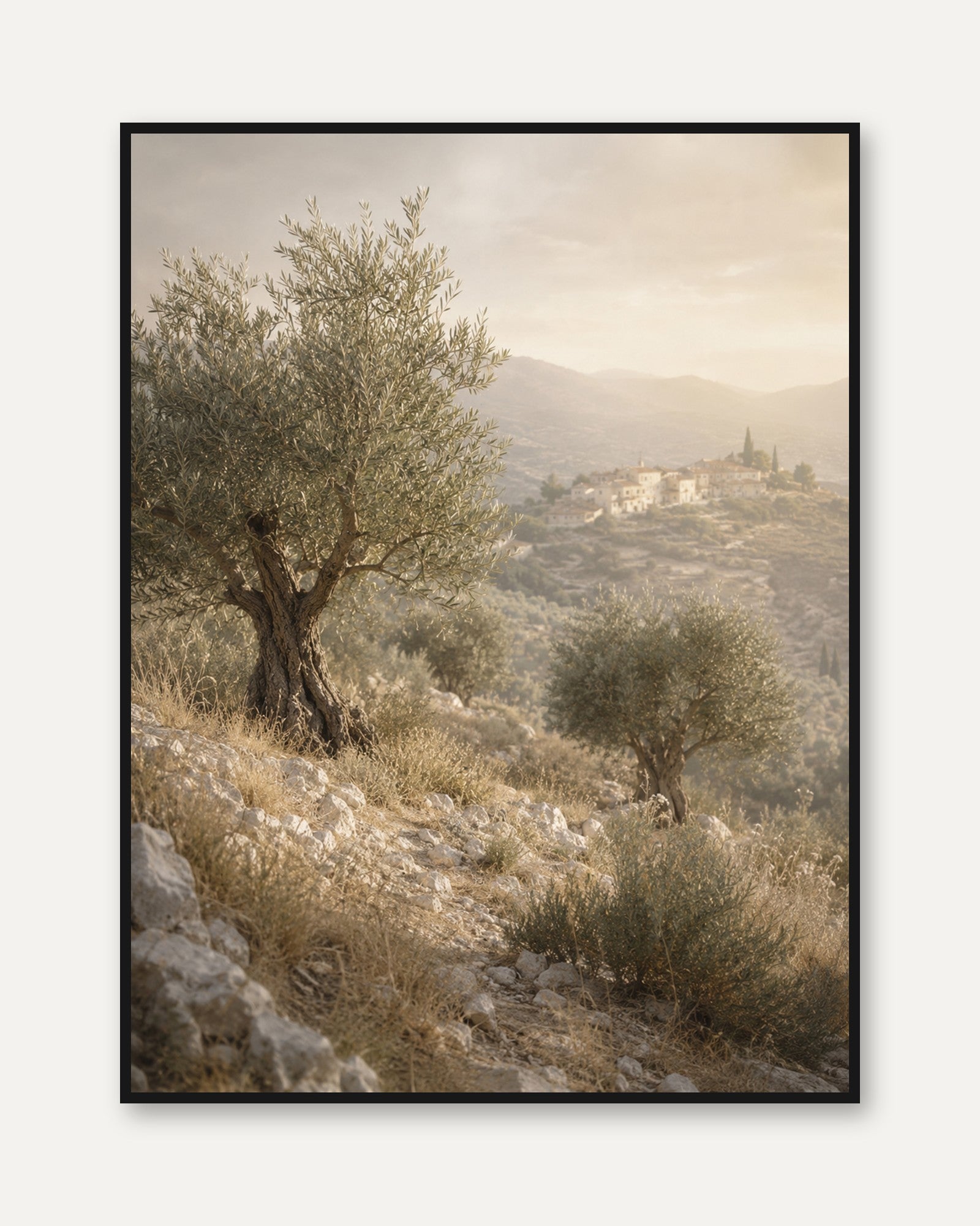 Olive Tree Print: Vintage Mediterranean Landscape (Rustic Wall Art) - framed