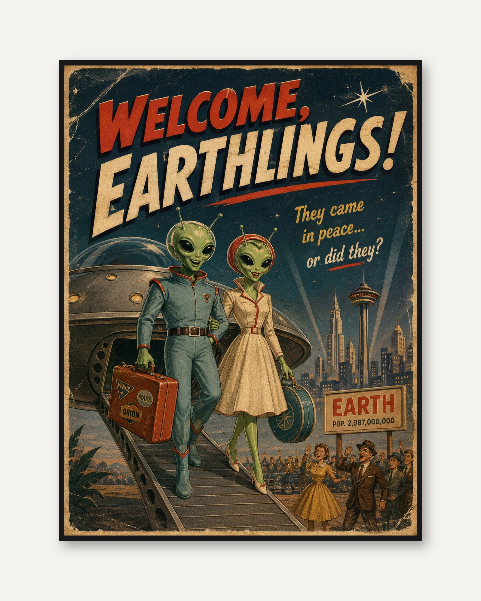 Retro Alien Poster – Vintage Sci Fi Wall Art - framed