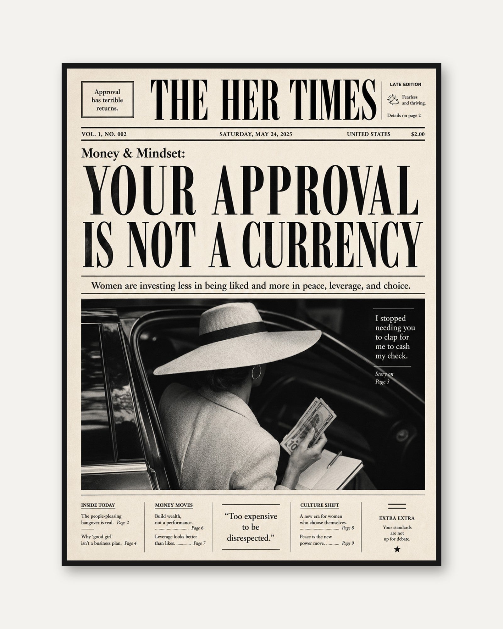 Vintage Newspaper Wall Art: Your Approval Is Not A Currency - framed