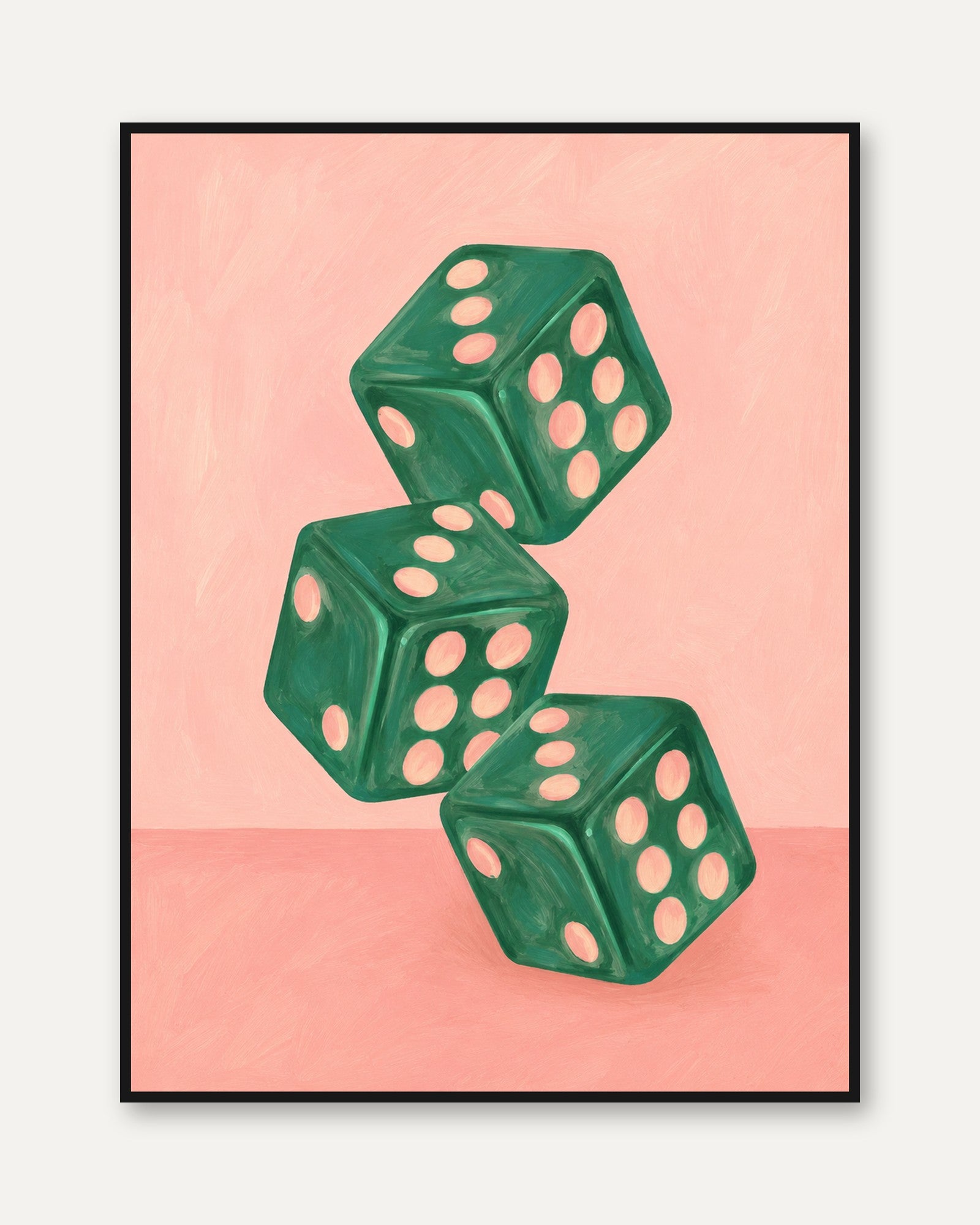 Green Dice Wall Art: Vintage Game Room Illustration on Pink - framed
