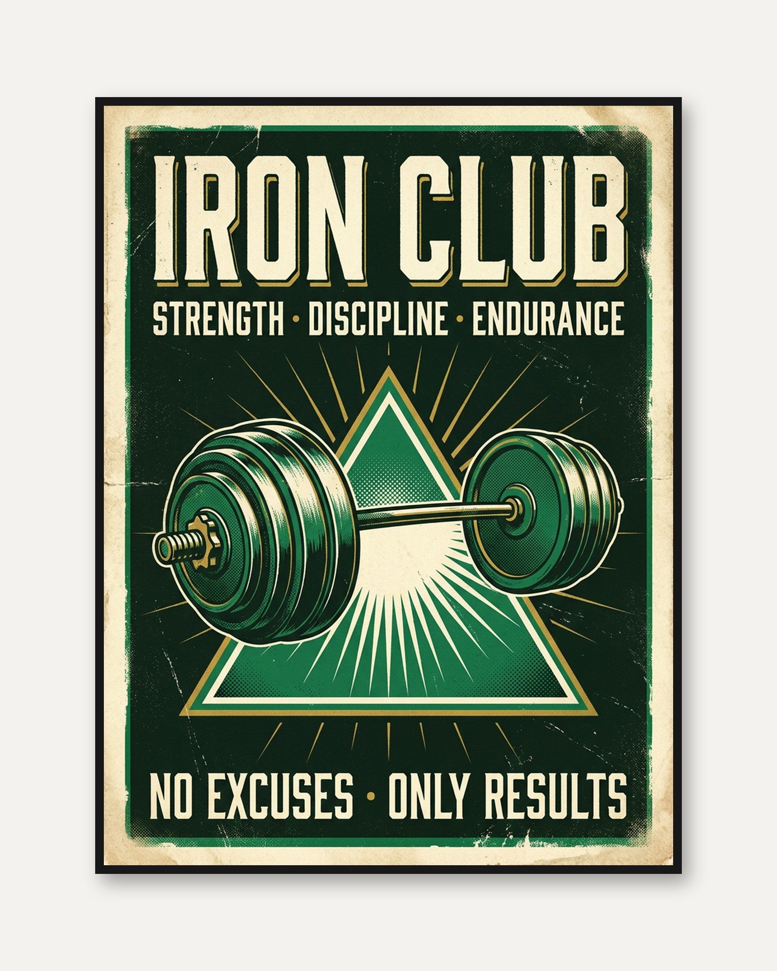 Iron Club Barbell Poster: Vintage Green Gym Motivation Art Print - framed