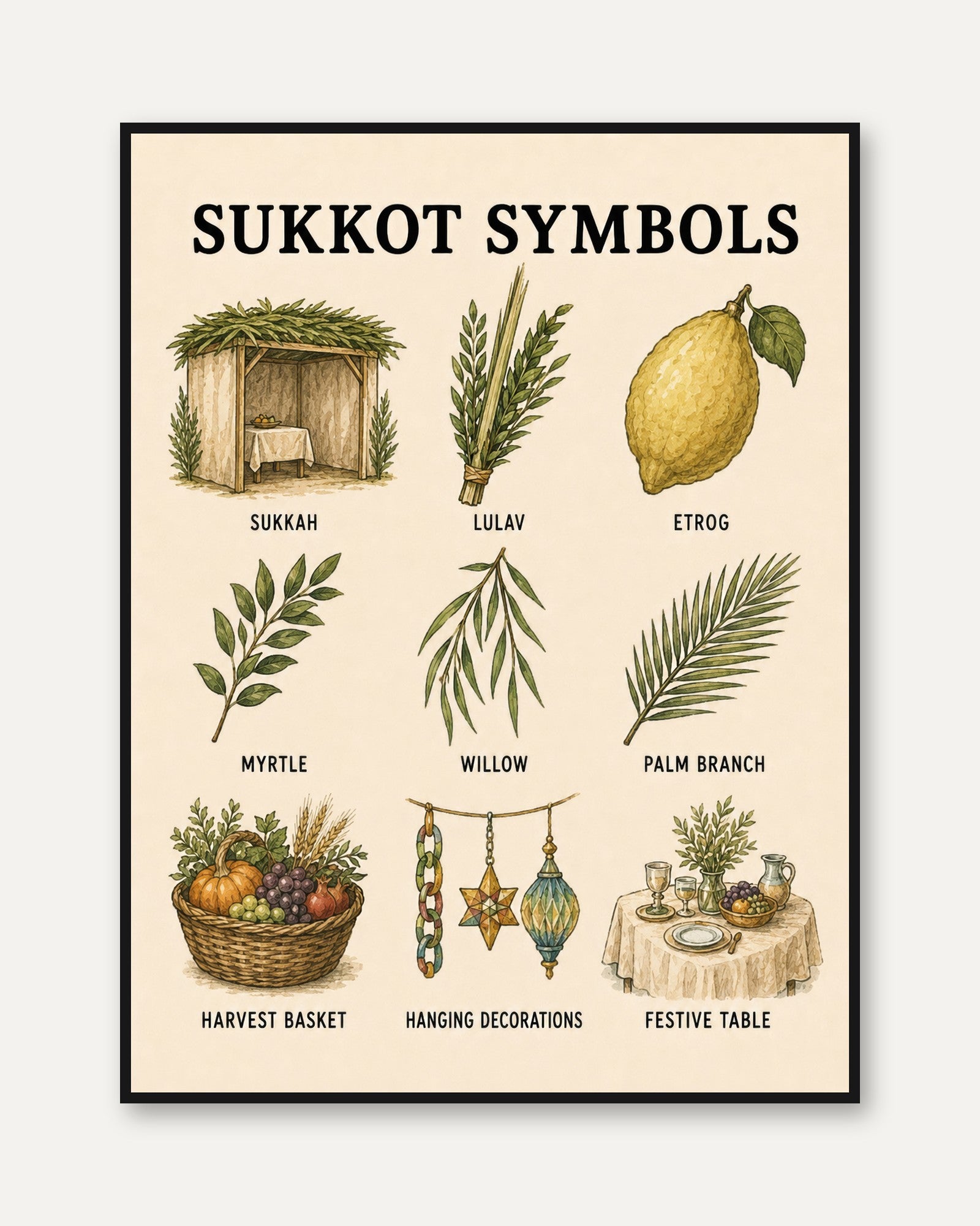 Sukkot Wall Art: Botanical Symbols - framed