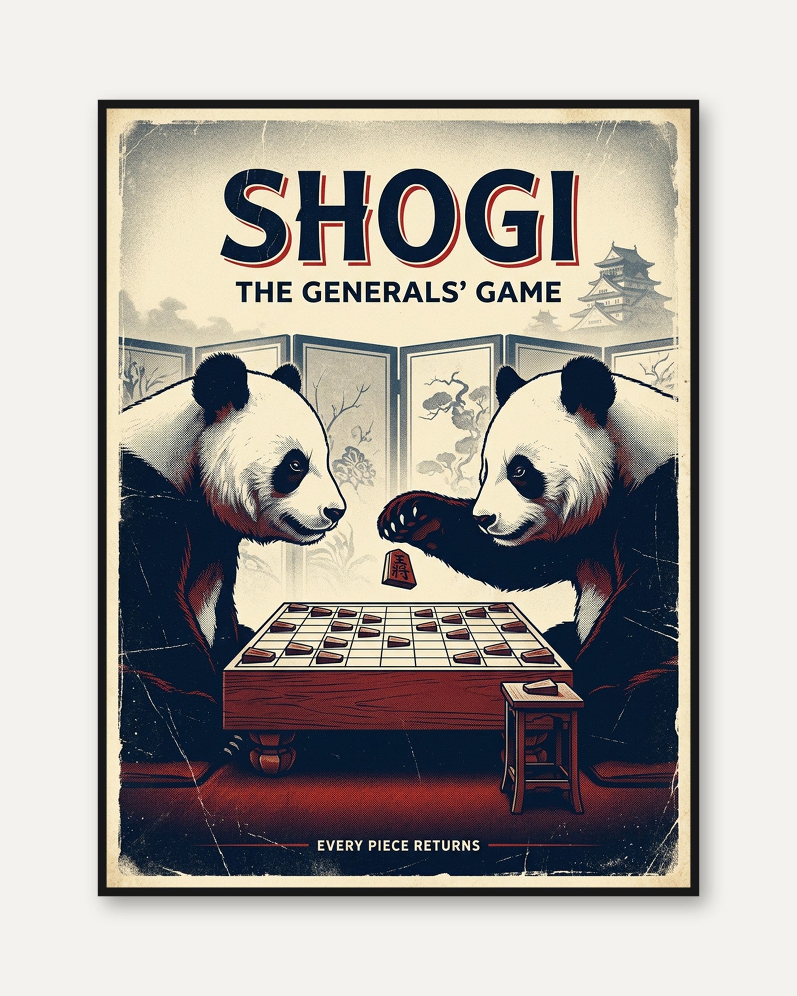 Shogi Panda Game Print — Vintage Japanese Style - framed