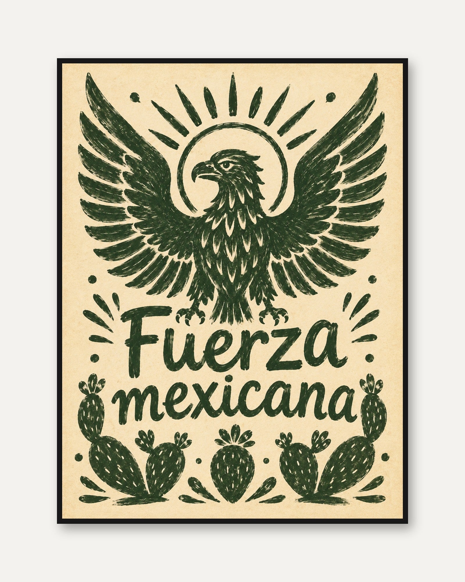 Mexican Eagle Poster: Vintage Folk Art Print with Cacti - framed