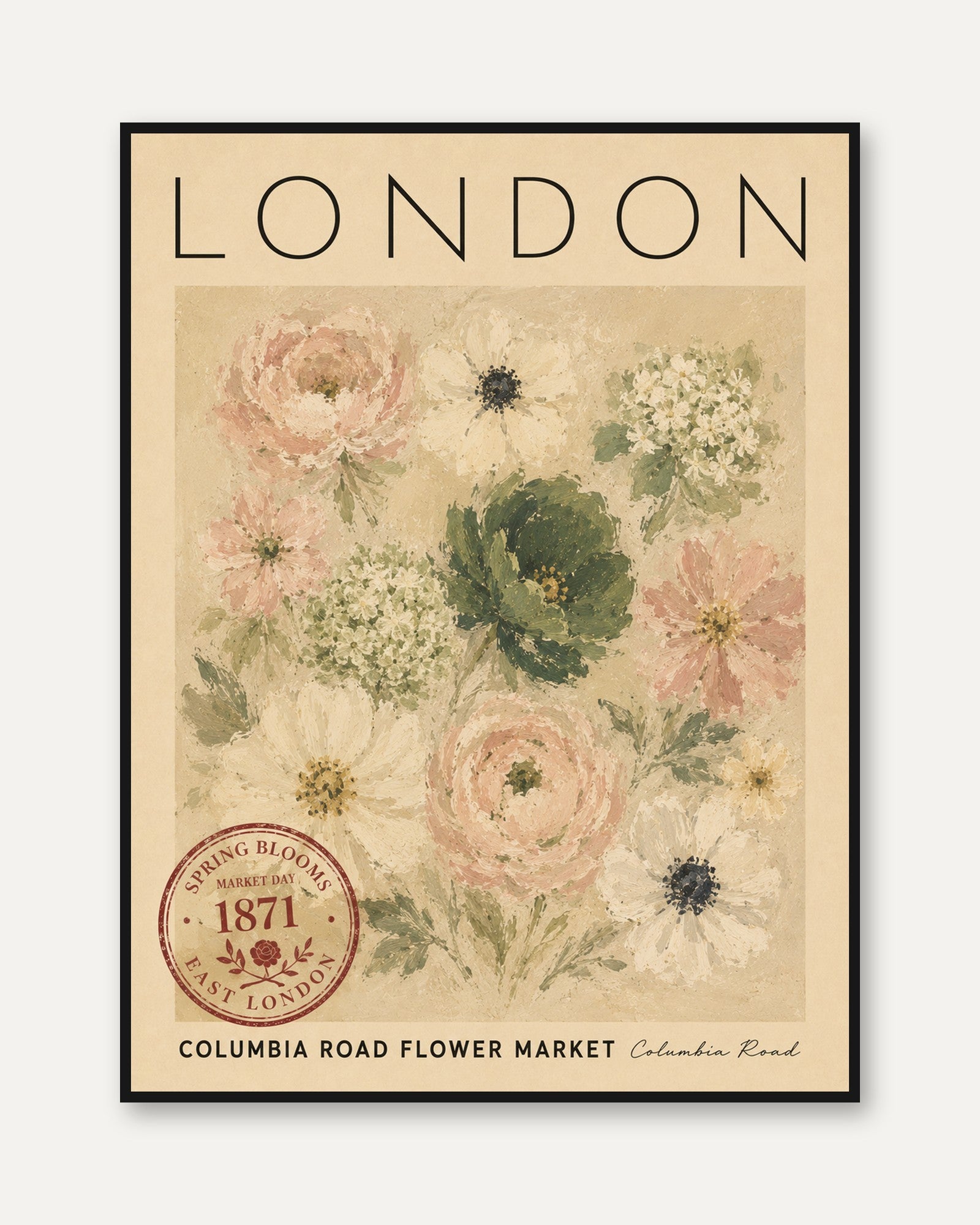 London Floral Poster – Vintage Travel Print - framed