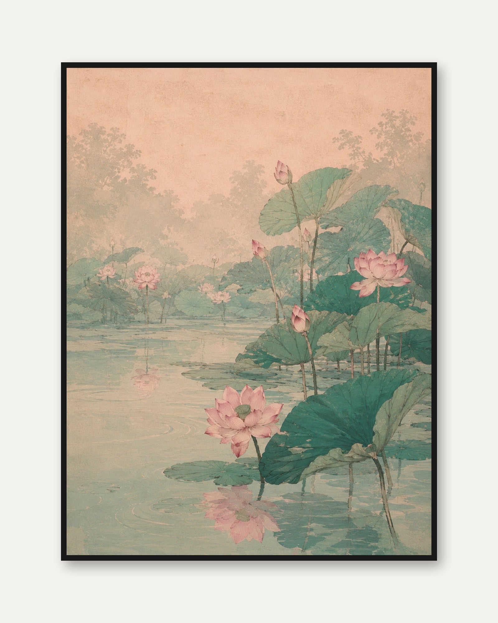 Lotus Pond Wall Art: Vintage Asian Botanical Print - framed