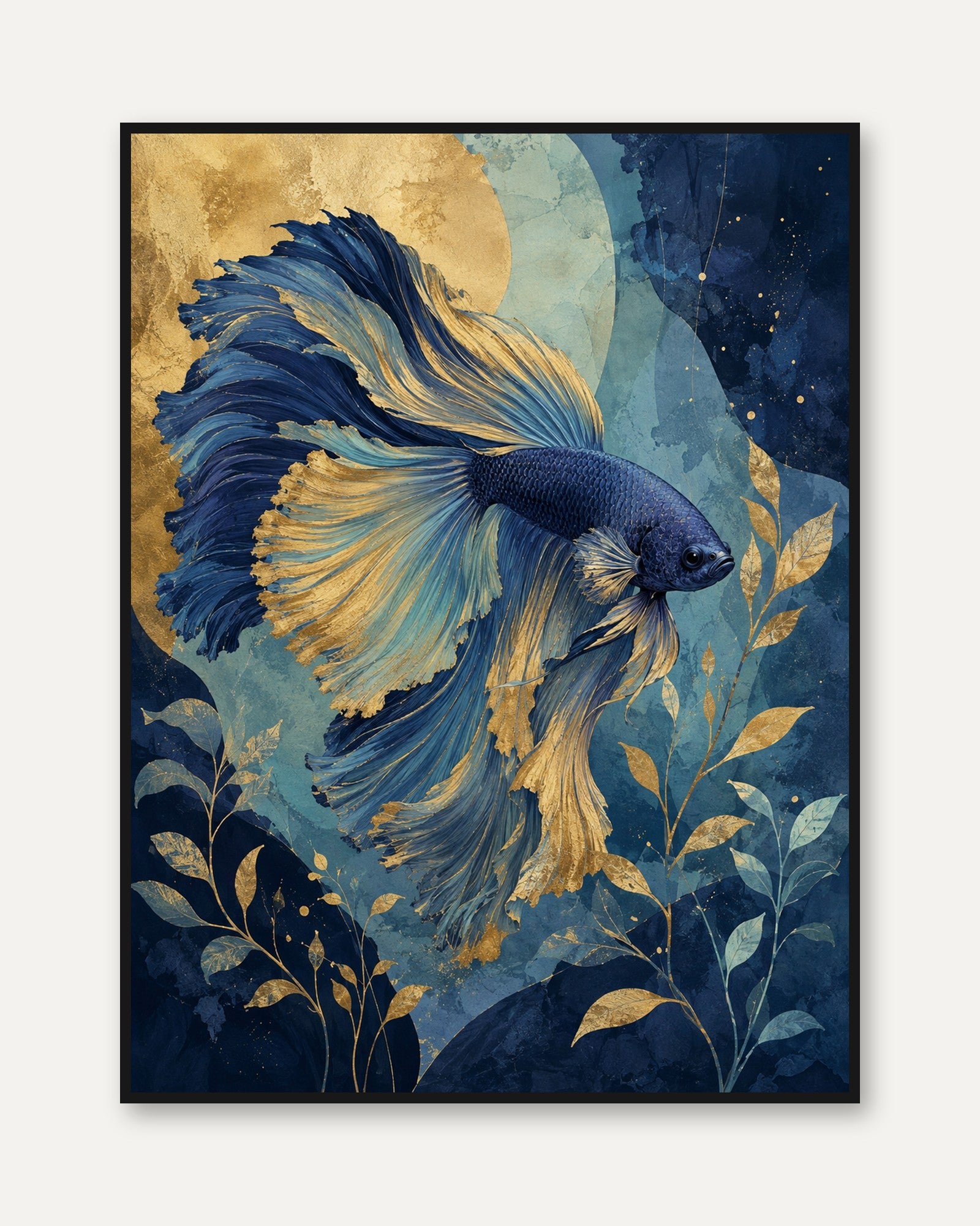 Betta Fish Wall Art – Blue Gold Ocean Print - framed
