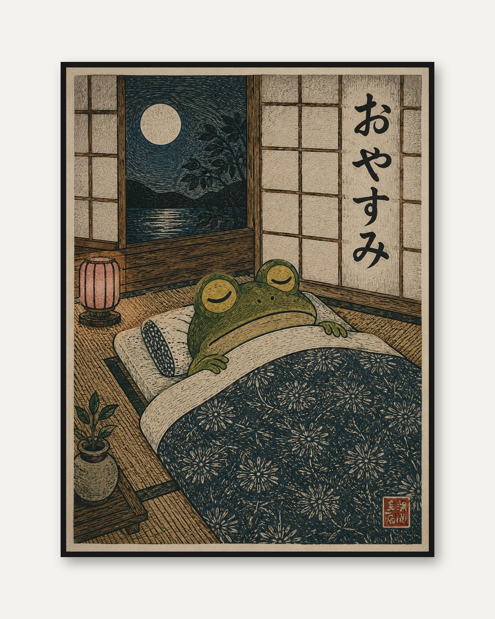 Japanese Frog Bedroom Art – Moonlight Room Print - framed