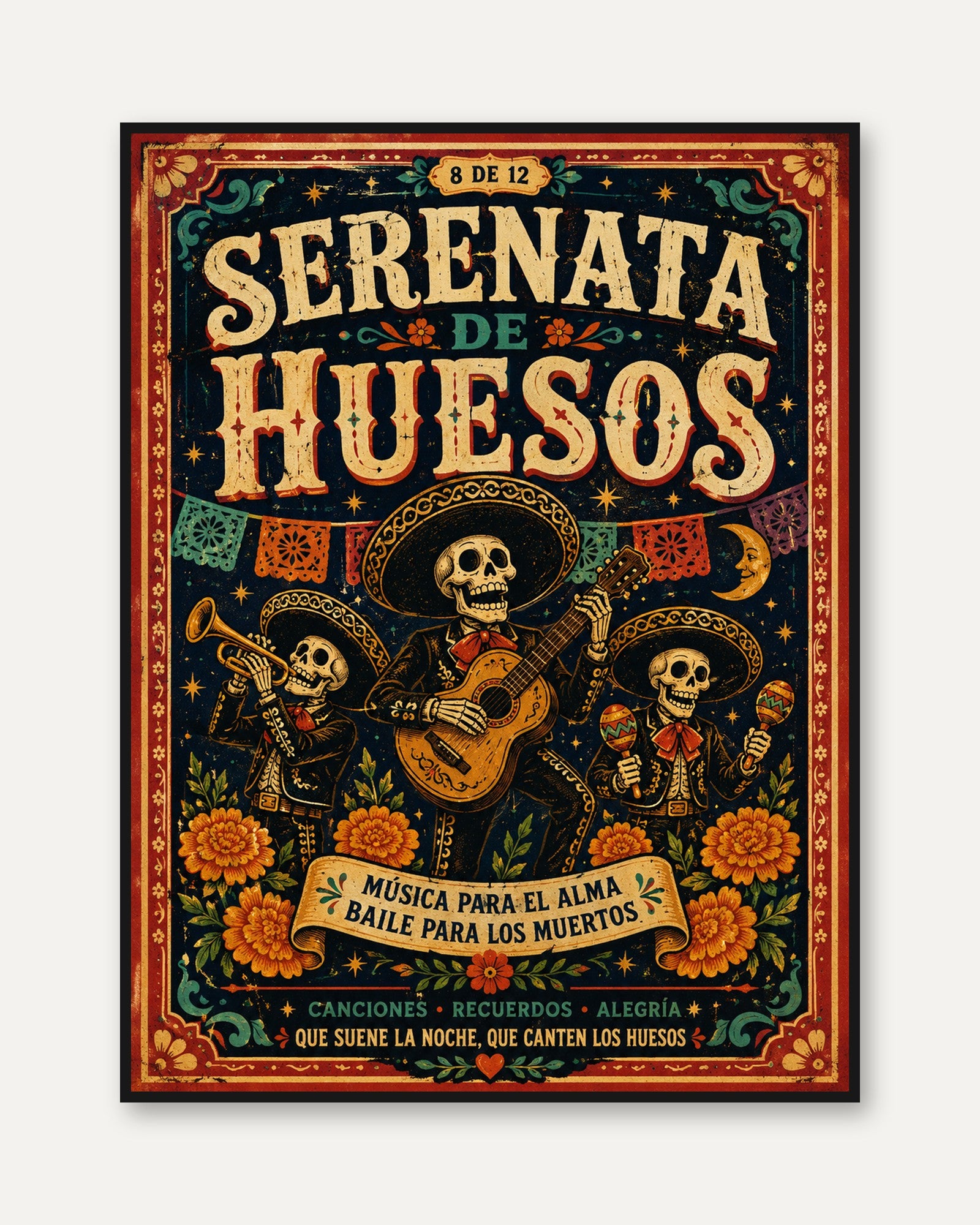 Day of the Dead Print: Vibrant Mexican Folk Art (Mariachi Skeletons) - framed