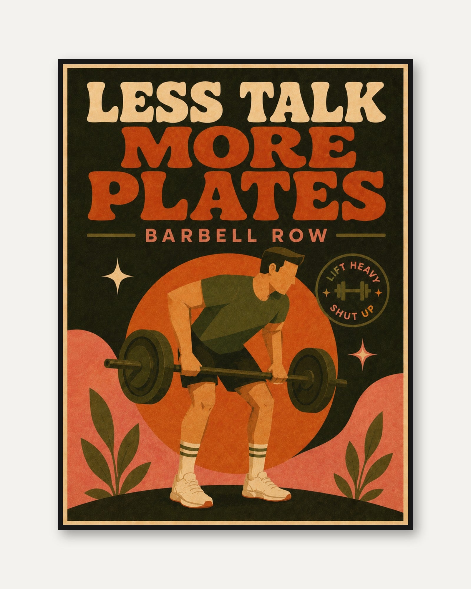 Motivational Gym Poster – Less Talk More Plates - framed