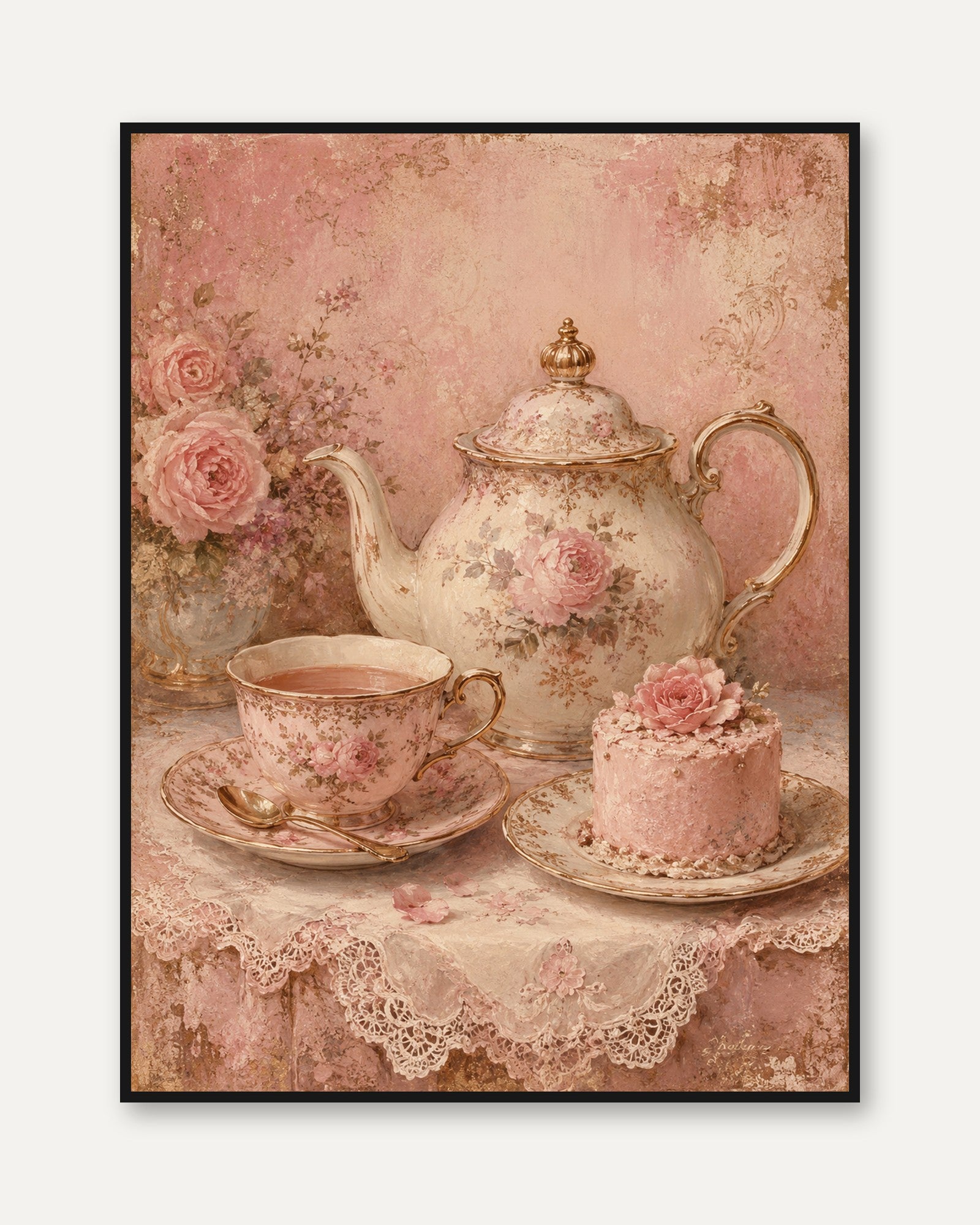 Vintage Tea Party Print – Pink Floral Wall Art - framed