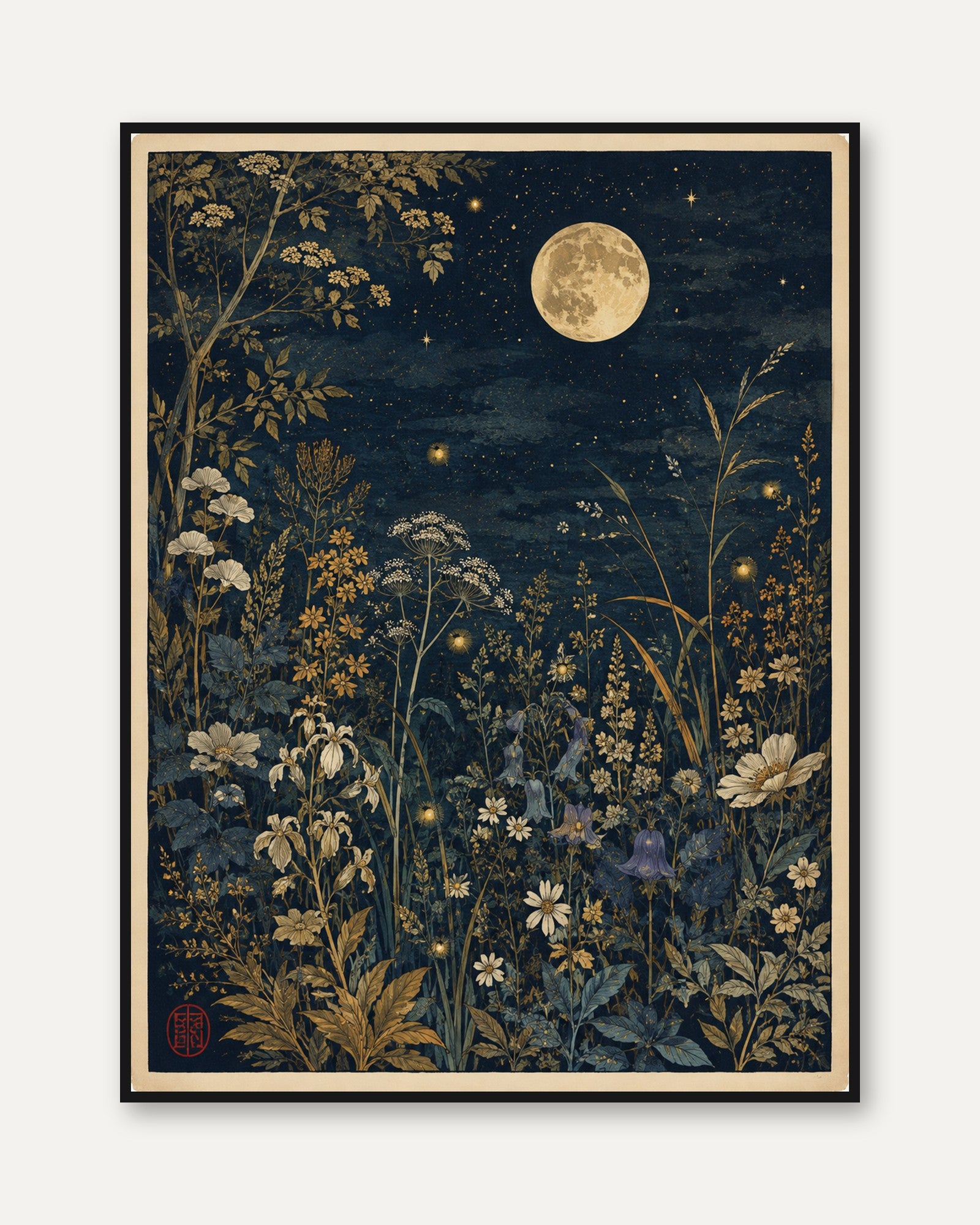 Moonlight Botanical Print – Night Garden Wall Art - framed