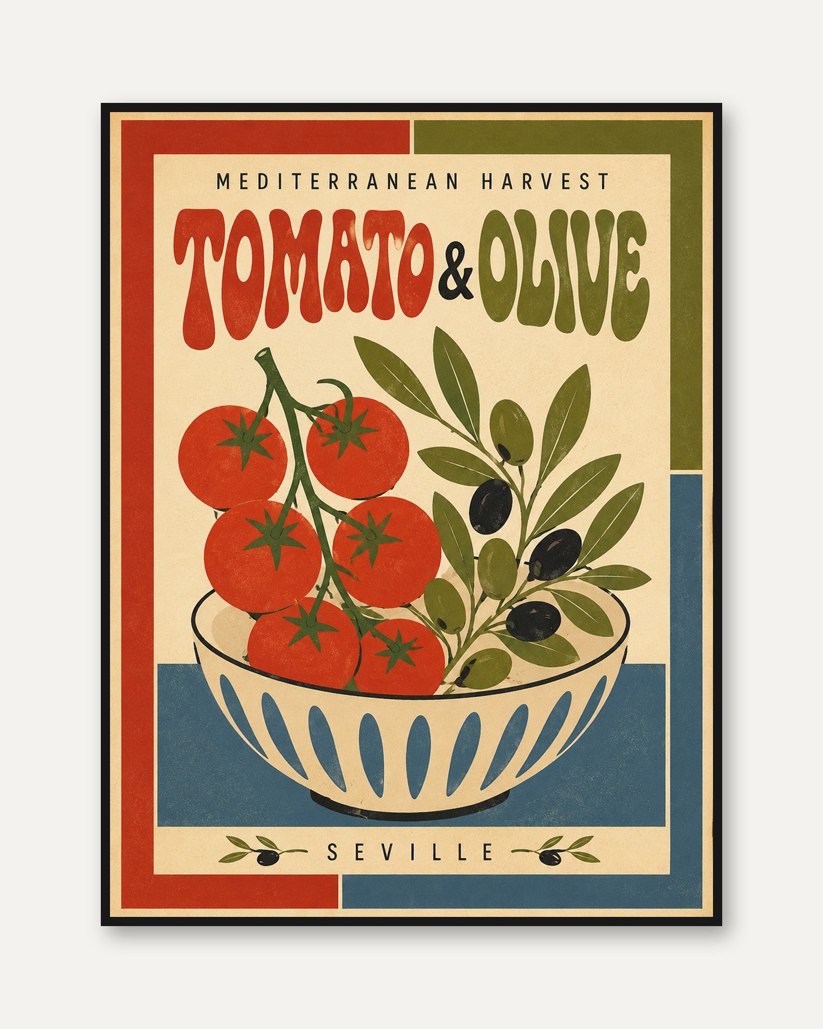 Vintage Food Poster: Mediterranean Tomato & Olive - framed