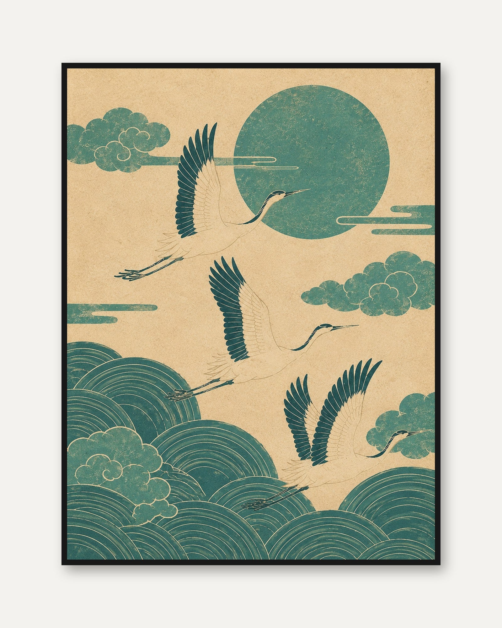 Japanese Crane Art Print – Teal and Gold - framed