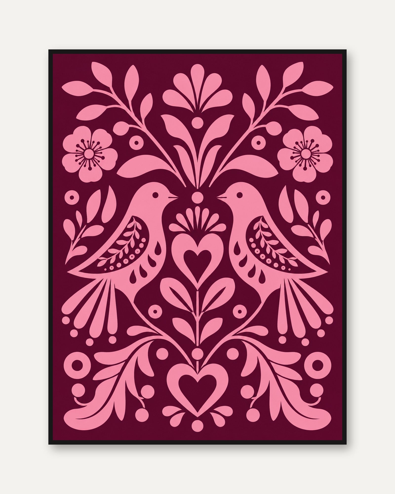 Folk Art Bird Print – Pink Burgundy Wall Art - framed