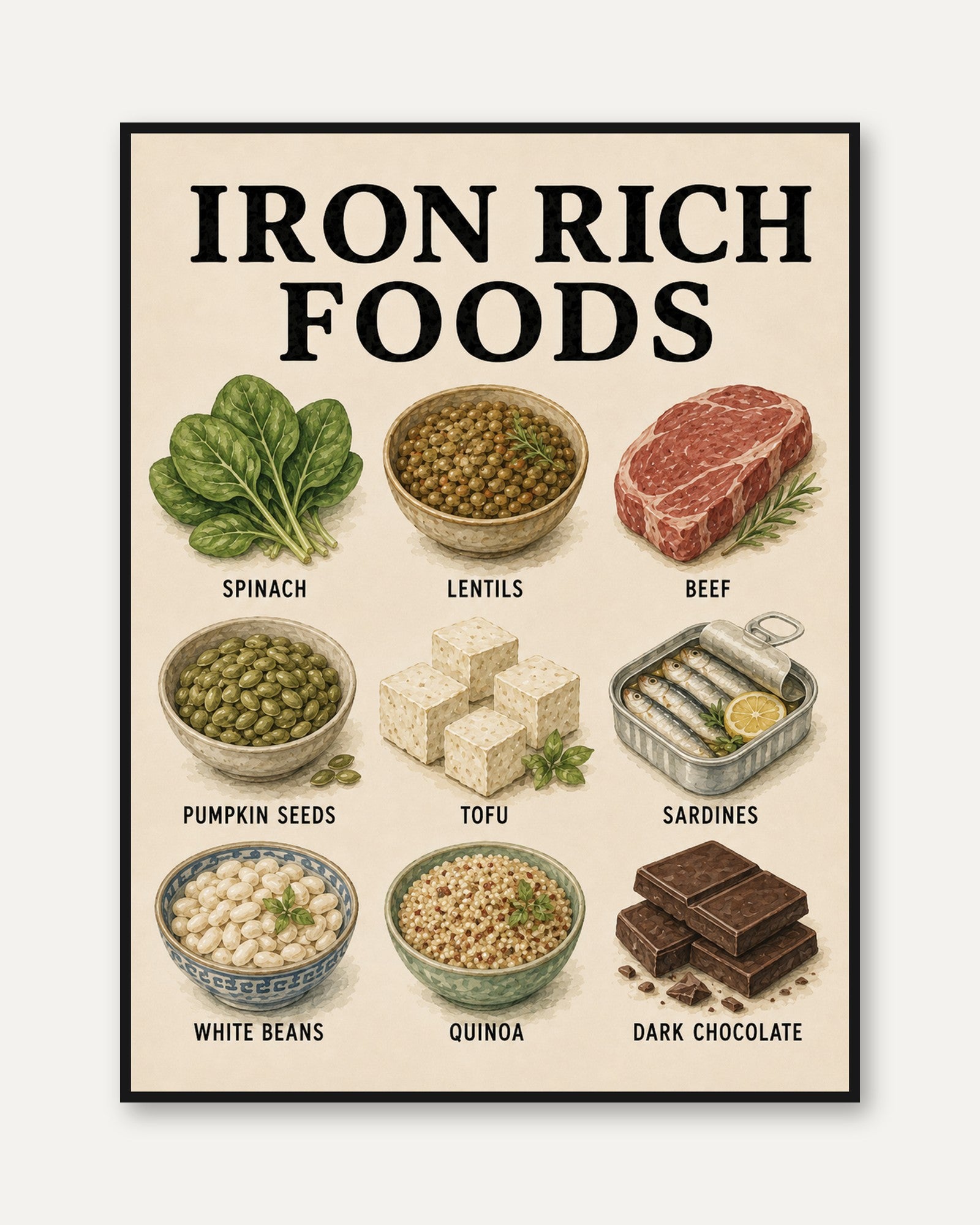 Iron Rich Foods Poster – Kitchen Nutrition Chart - framed