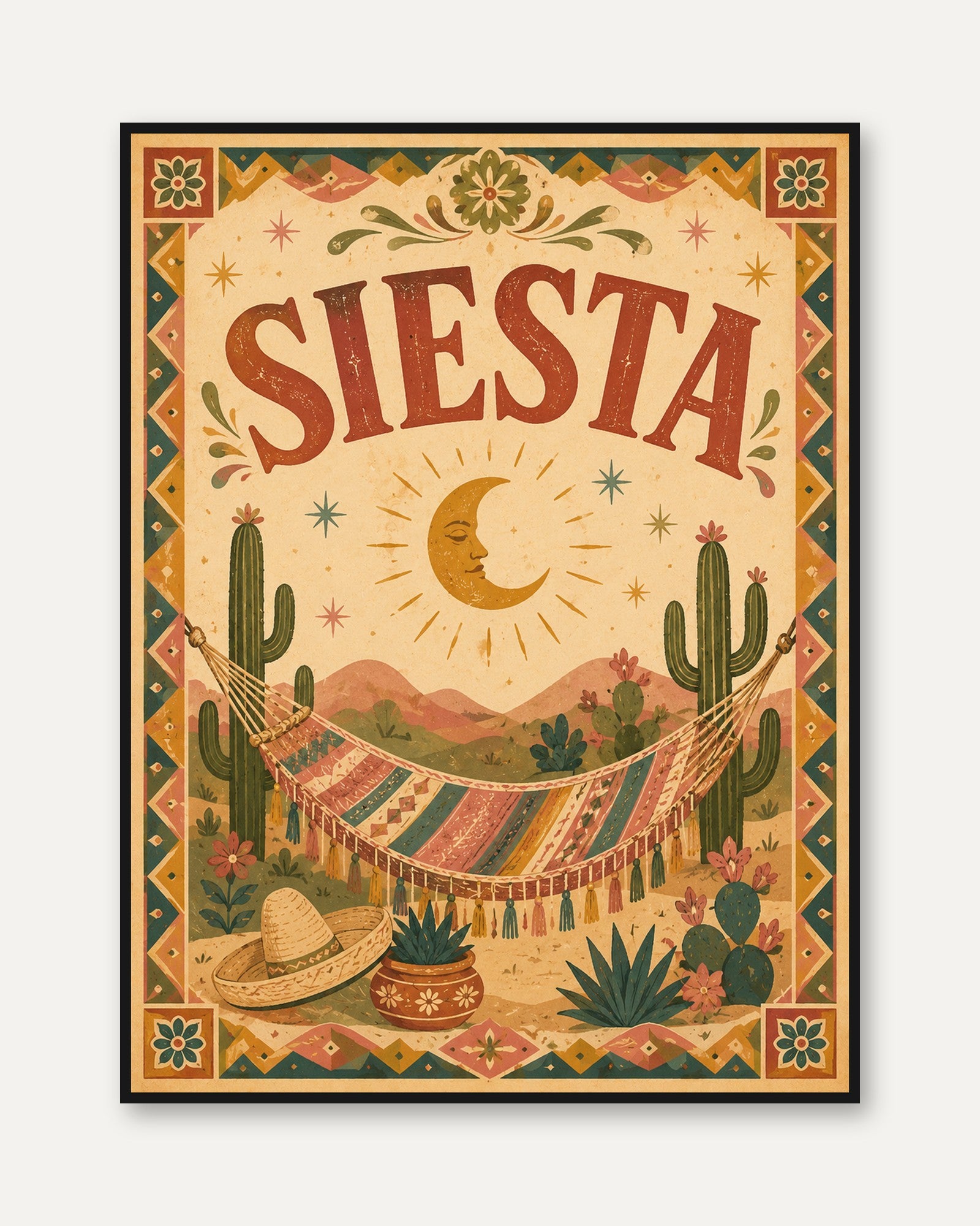 Siesta Print: Bohemian Mexican Desert Art (Living Room or Bedroom) - framed