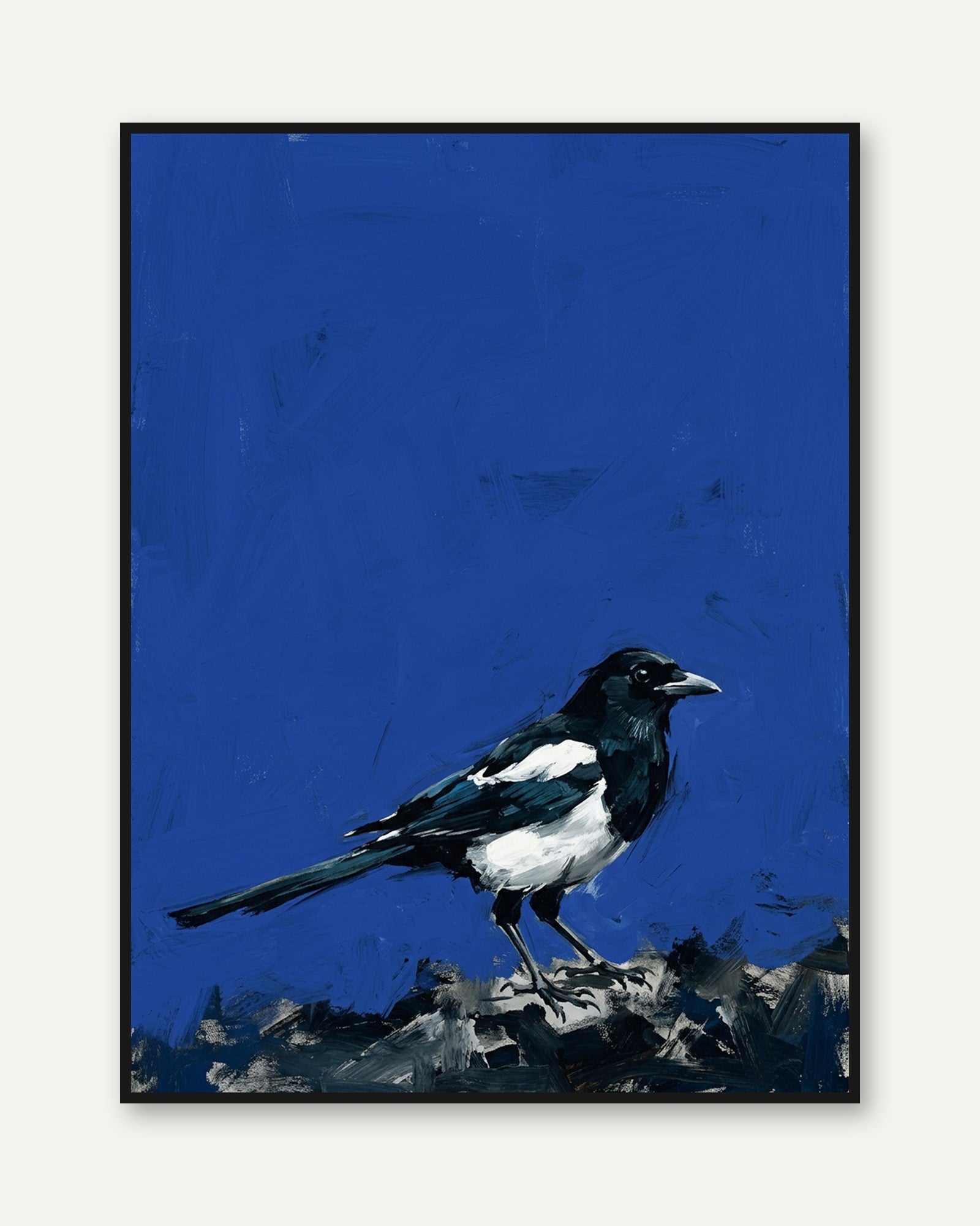 Magpie Bird Art Print – Bold Blue Background - framed