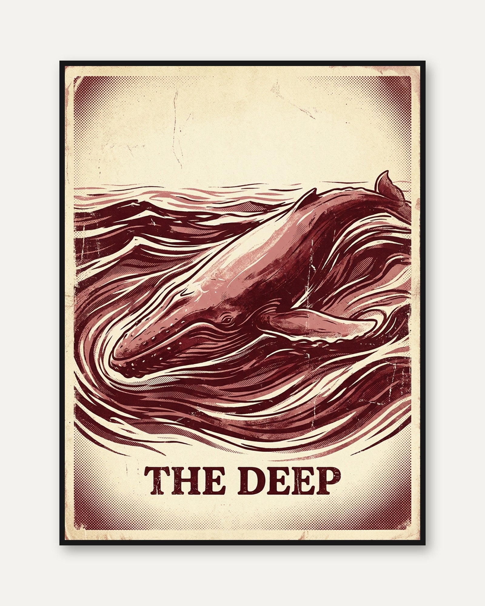 Whale Art Print: Vintage Red Ocean Poster with Wave Design - framed
