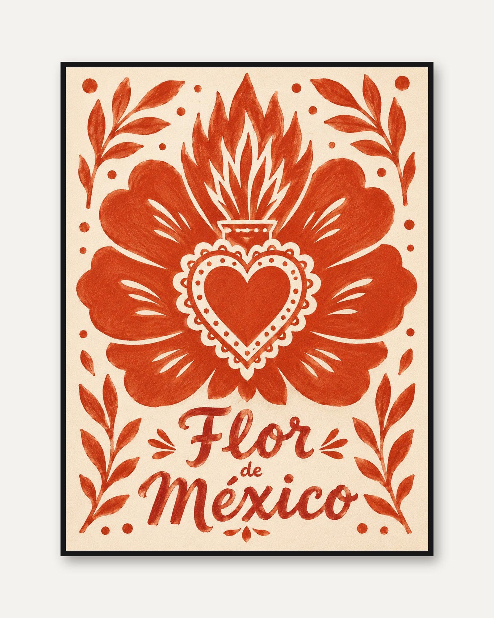 Sacred Heart Flor de Mexico: Folk Art Print in Terracotta Orange - framed