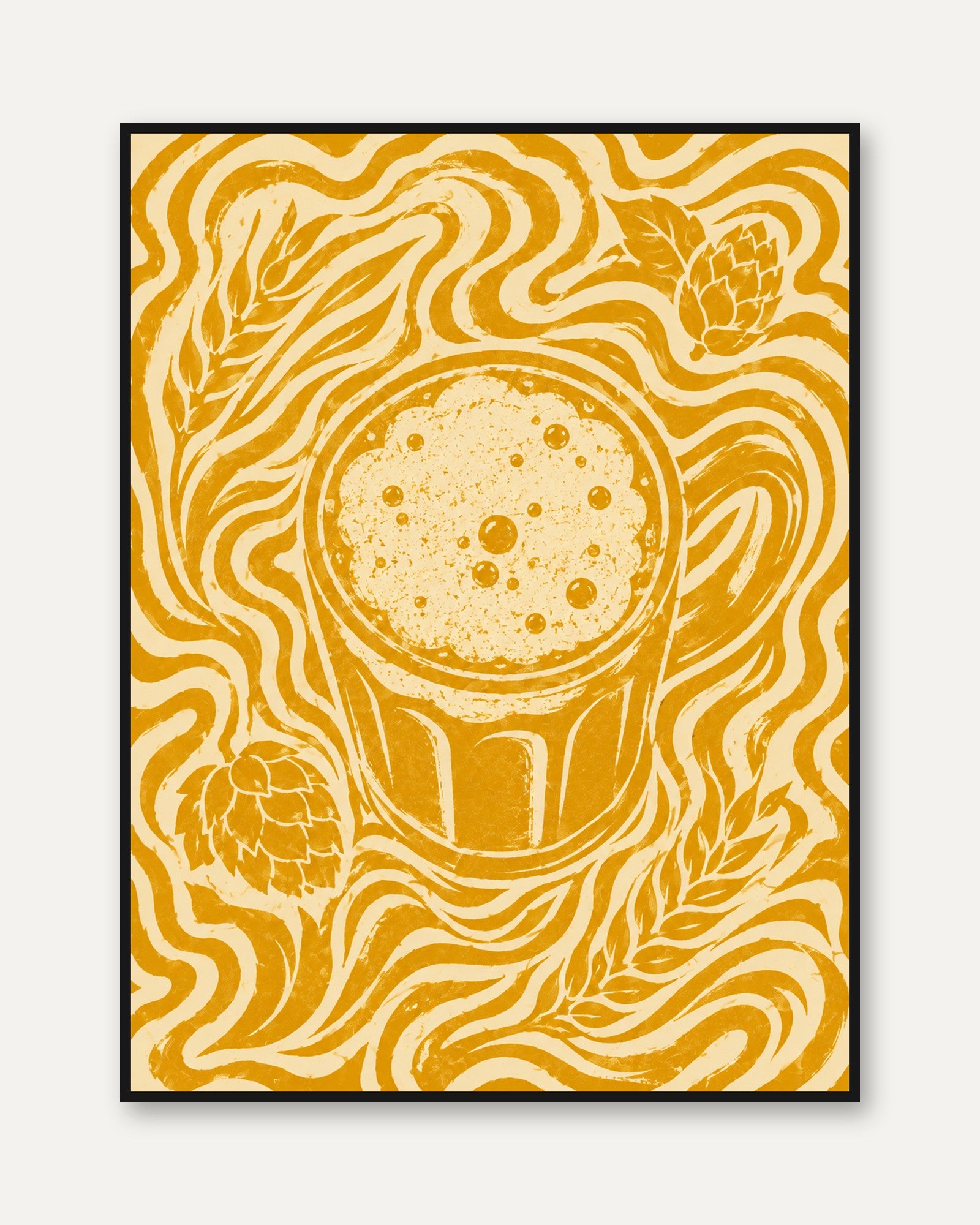 Craft Beer Art Print: Art Nouveau Golden Hops and Barley Design - framed