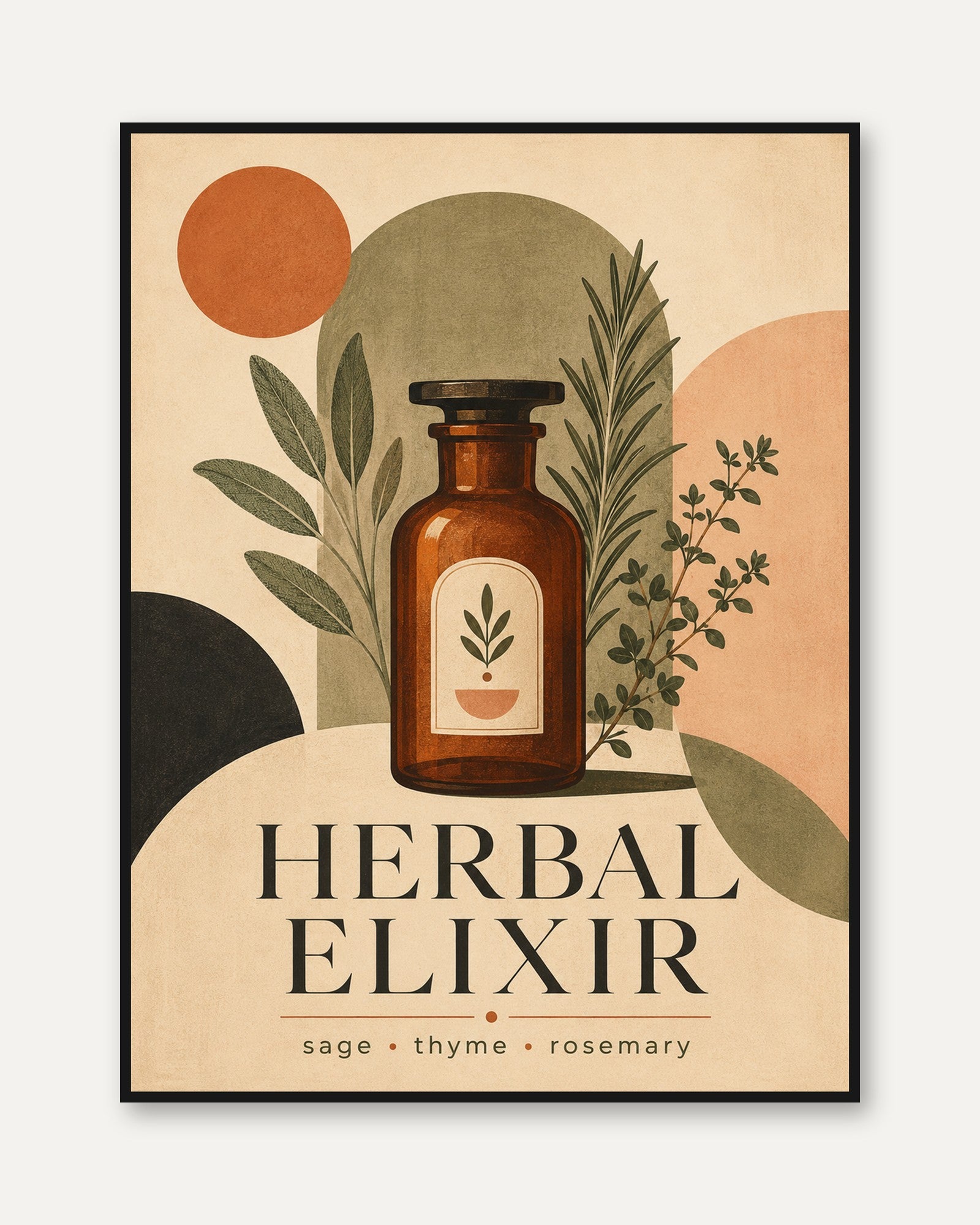 Herbal Apothecary Bottle Art Print: Mid-Century Botanical Design - framed