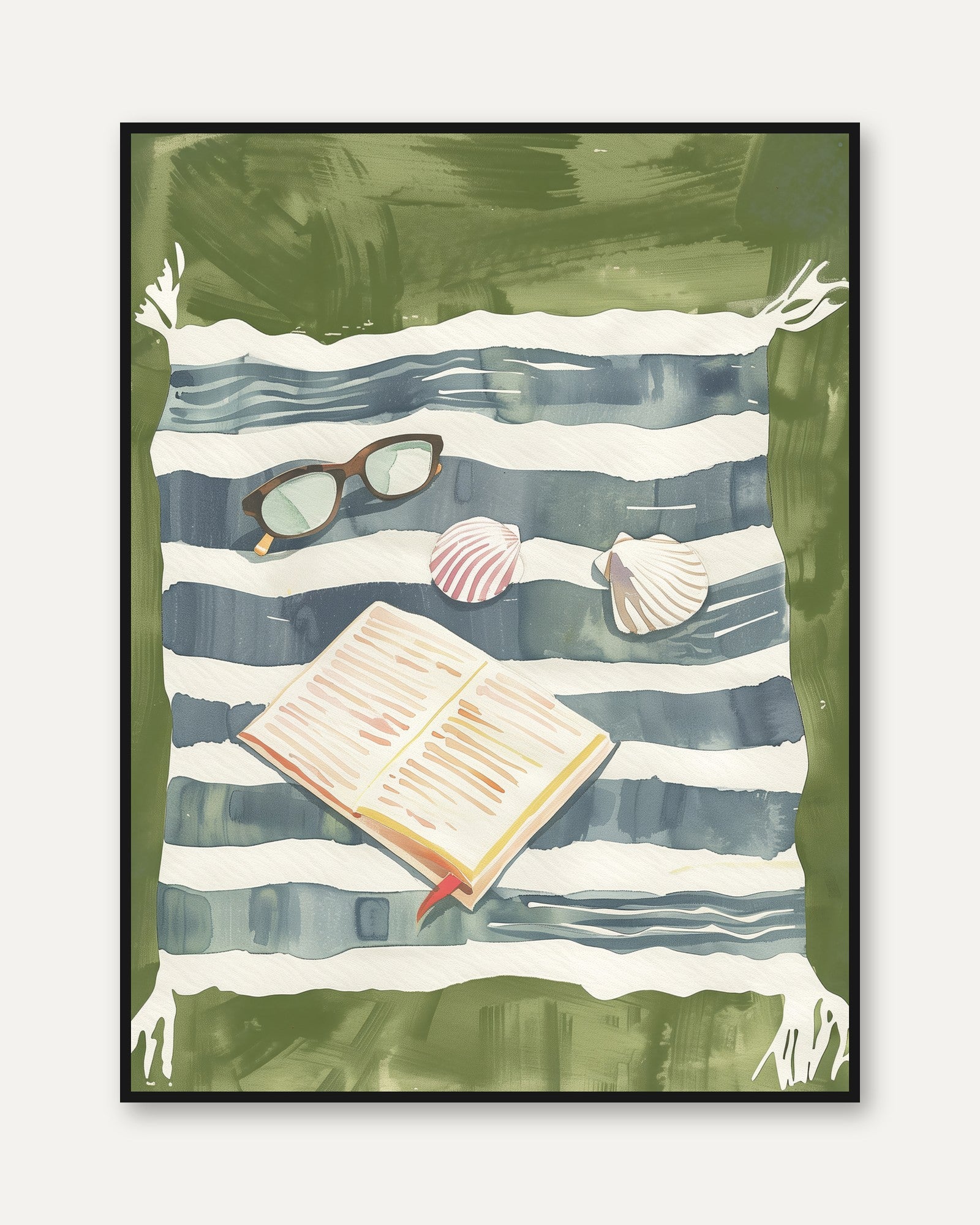 Beach Towel Reading Print: Coastal Summer Wall Art (Living Room) - framed