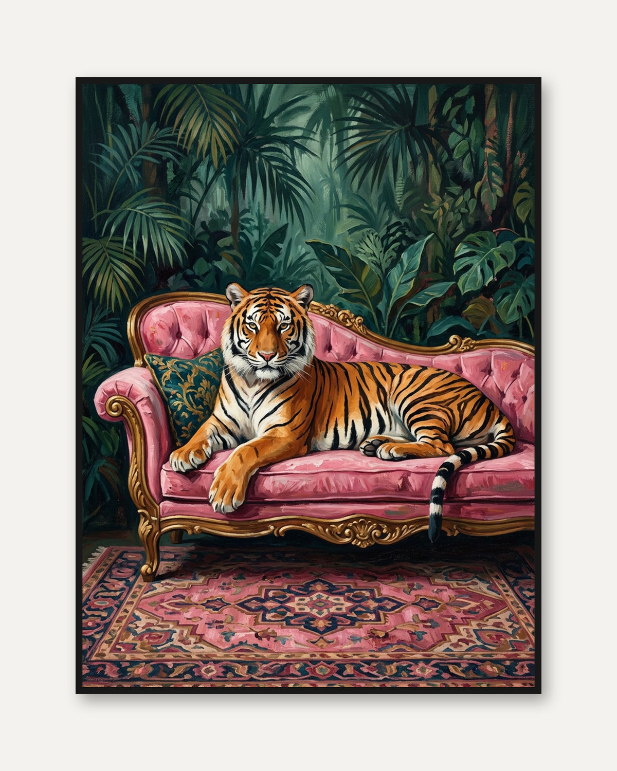 Tiger on Pink Sofa Print — Jungle Victorian Maximalist Art - framed