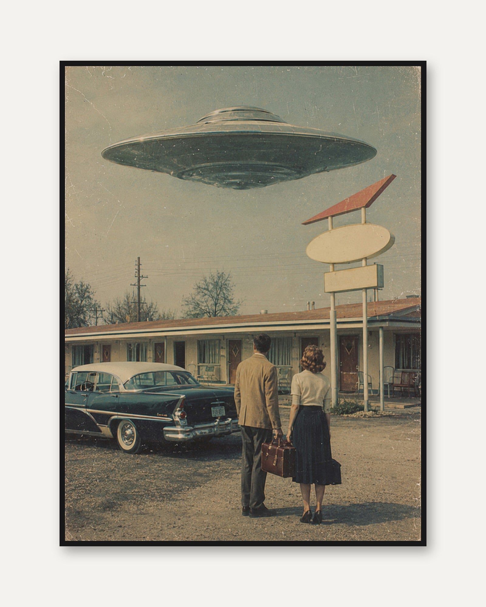 Retro UFO Motel Encounter: Vintage 1950s Science Fiction Art Print - framed