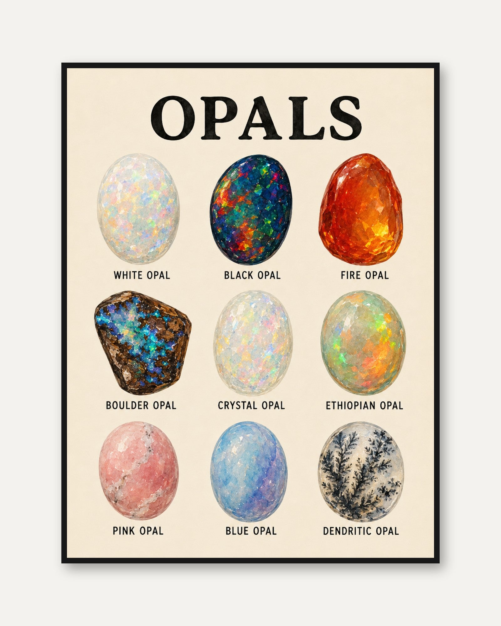 Opal Types Educational Print — Vintage Scientific Illustration - framed