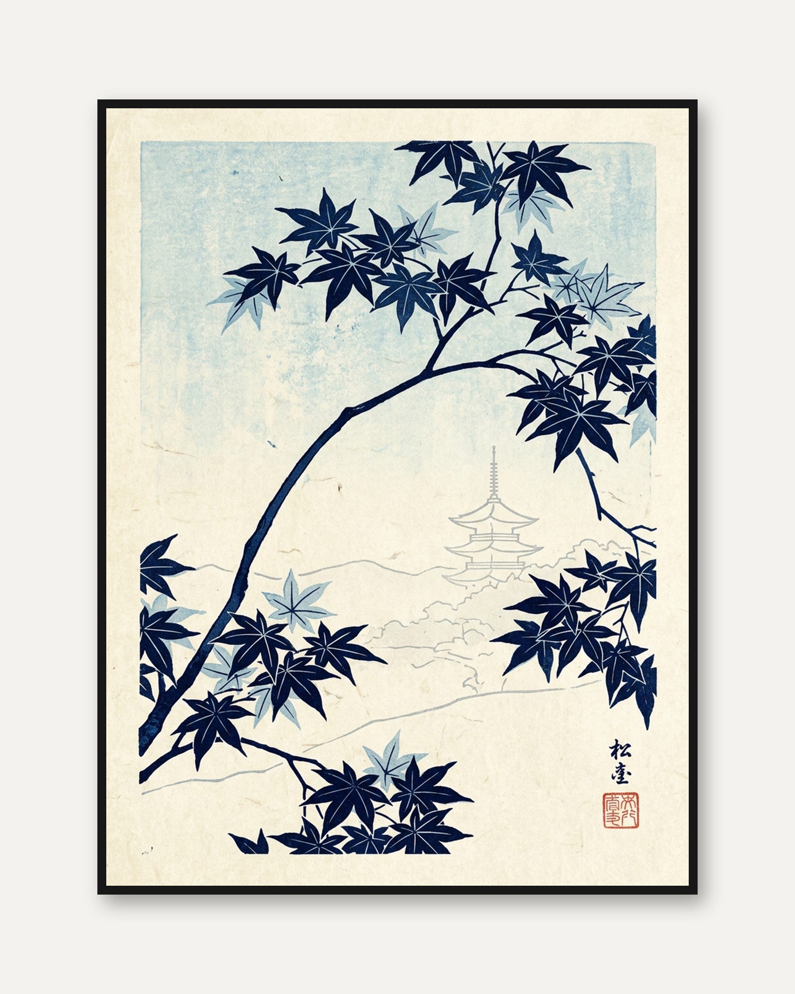 Japanese Maple and Pagoda Print: Indigo Blue Woodblock Style Art - framed