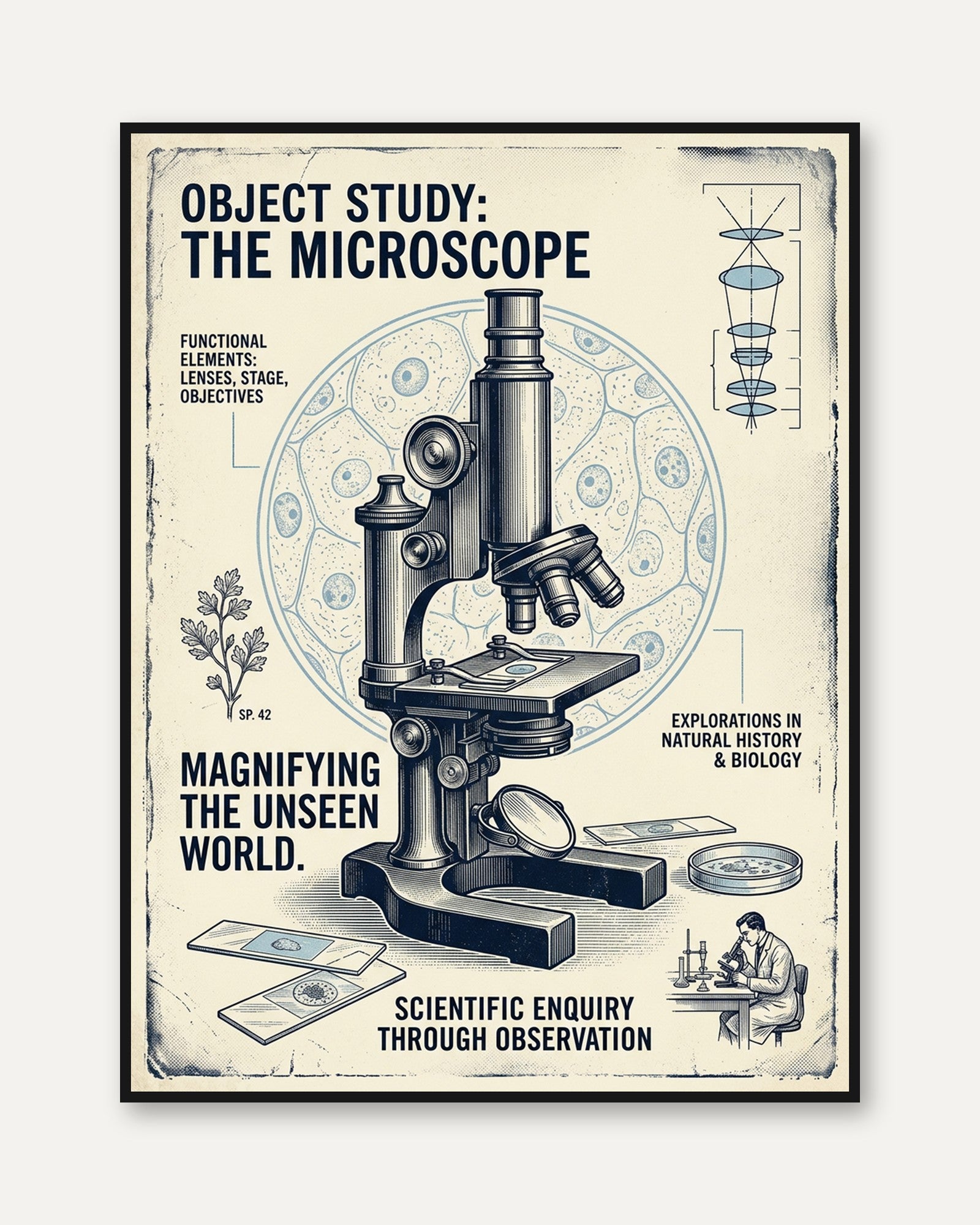 Vintage Microscope Poster: Scientific Biology Educational Art Print - framed