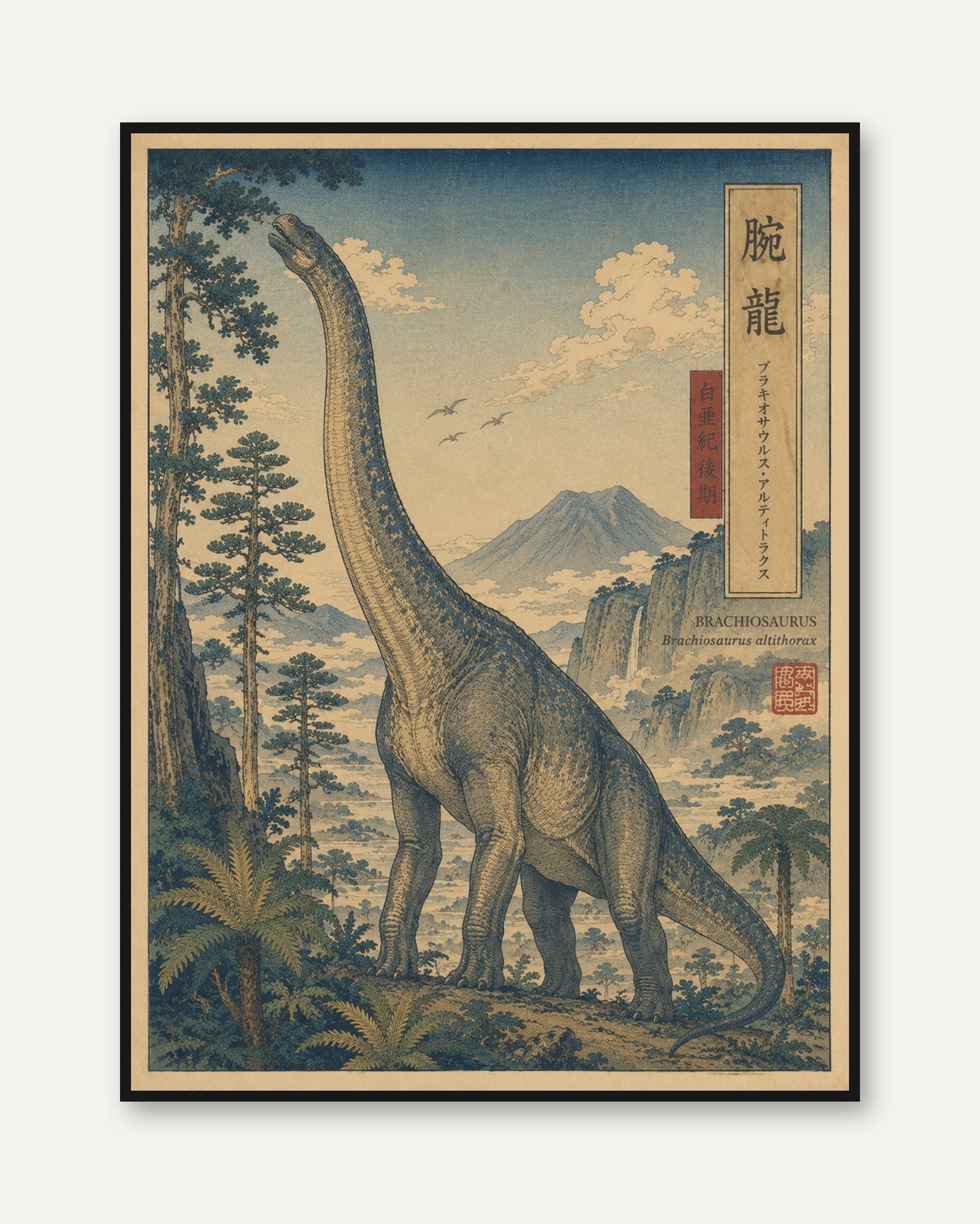 Ukiyo-e Dinosaur Print – Brachiosaurus - framed