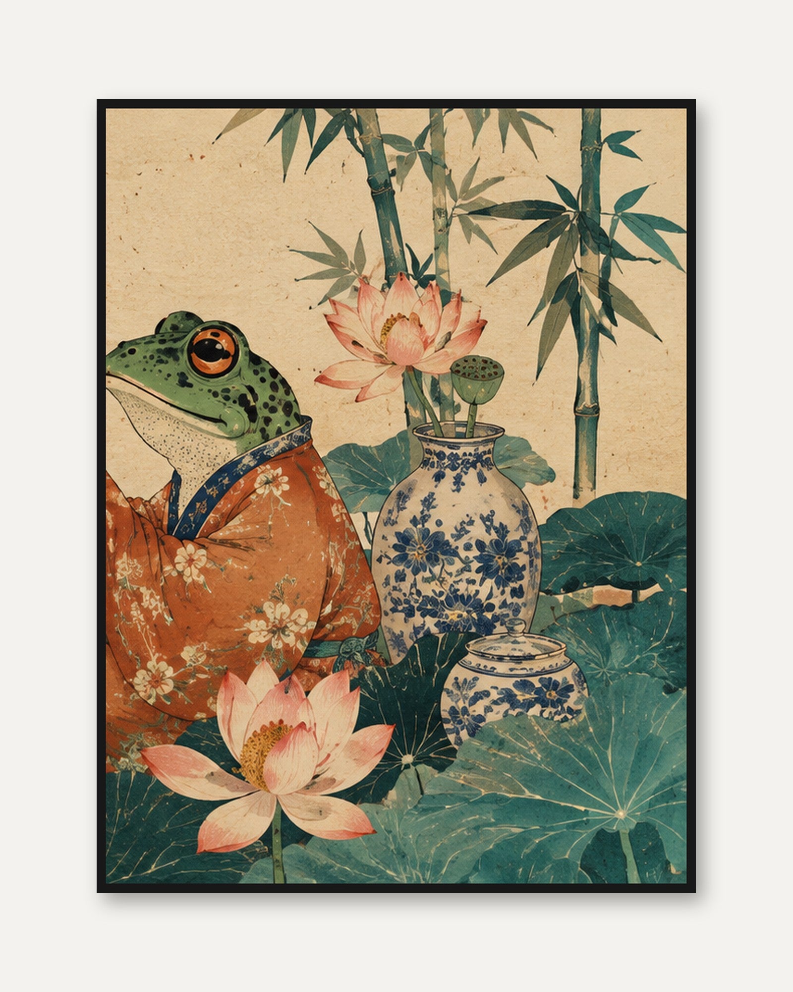 Frog and Lotus Wall Art: Vintage Asian Botanical Illustration - framed
